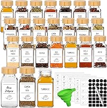 6 oz Glass Spice Jars with Bamboo Lids,24 Pack Empty Seasoning Bottles with 160 Spice Labels,180ml Square Spice Containers with Shaker Lids for Kitchen Food Storage (Funnel and Brush include)