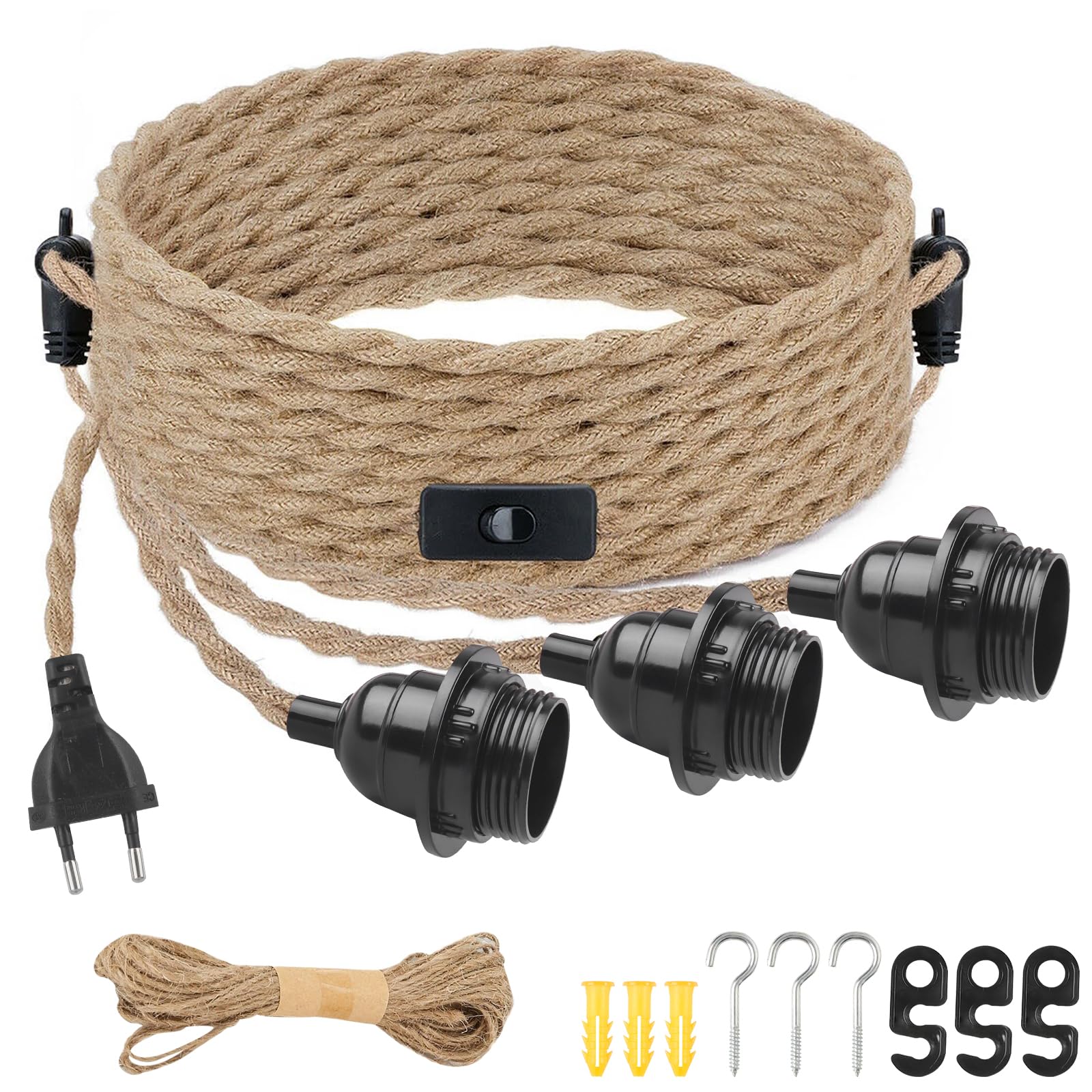 JaneYi E27 Fassung mit Kabel und Stecker Vintage Pendelleuchte 3-Flammige Lampenfassung mit Schalter Lampenkabel aus Hanfseil Hängelampe für Küche Bar Loft - Ohne Glühbirne