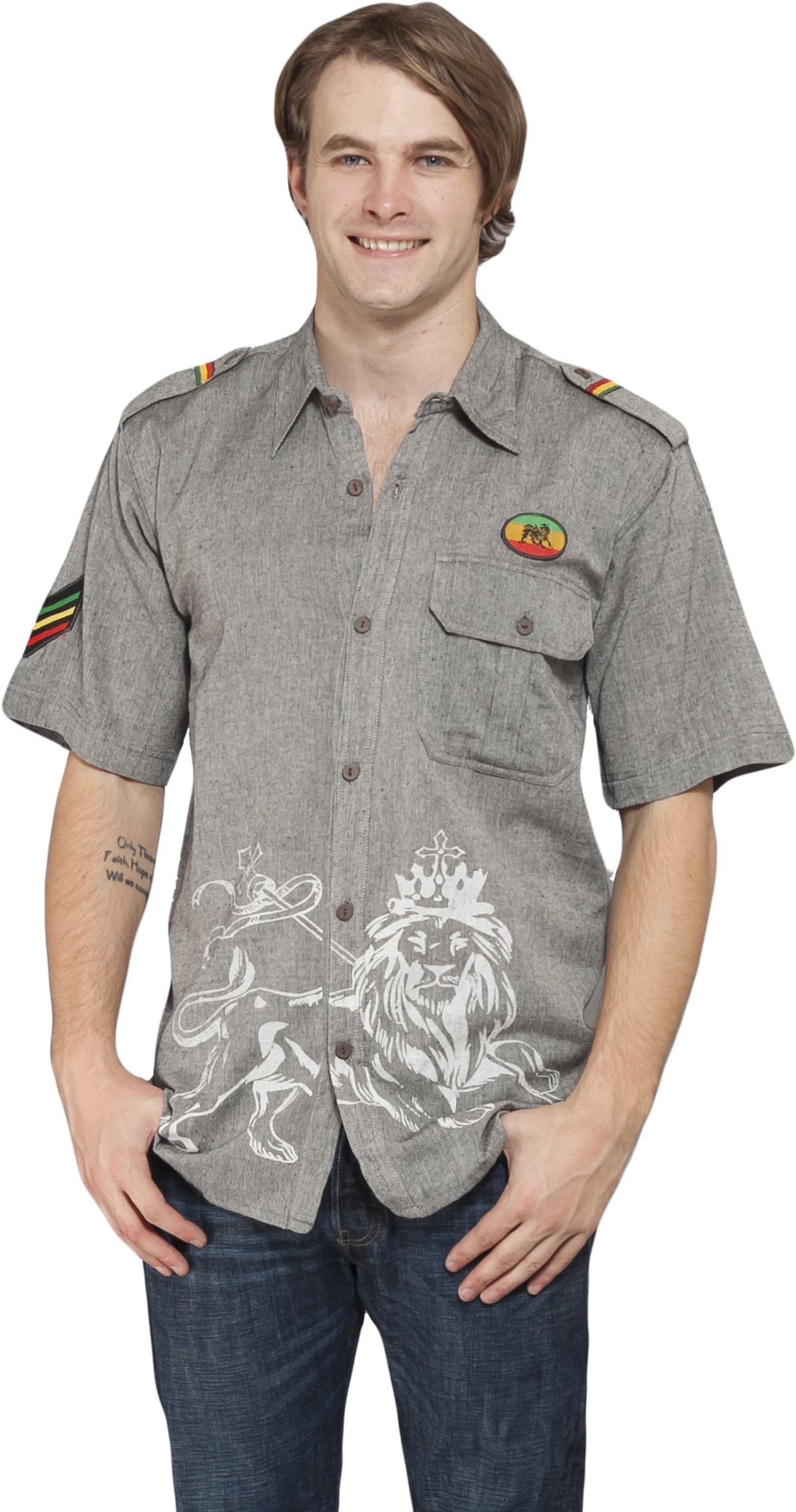 Lakhays Men's Rasta Reggae Lion Print Button Shirt-X.Large-Grey