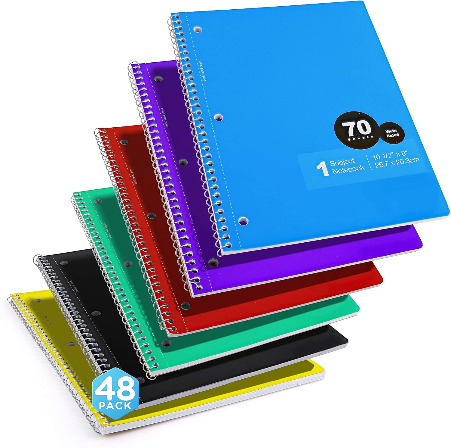Emraw 1-Subject Notebooks Wide Ruled Durable Spiral Notebook Assorted Colors Double Sided 70 Sheets Lined Paper Wired School Notebooks (Pack of 48)