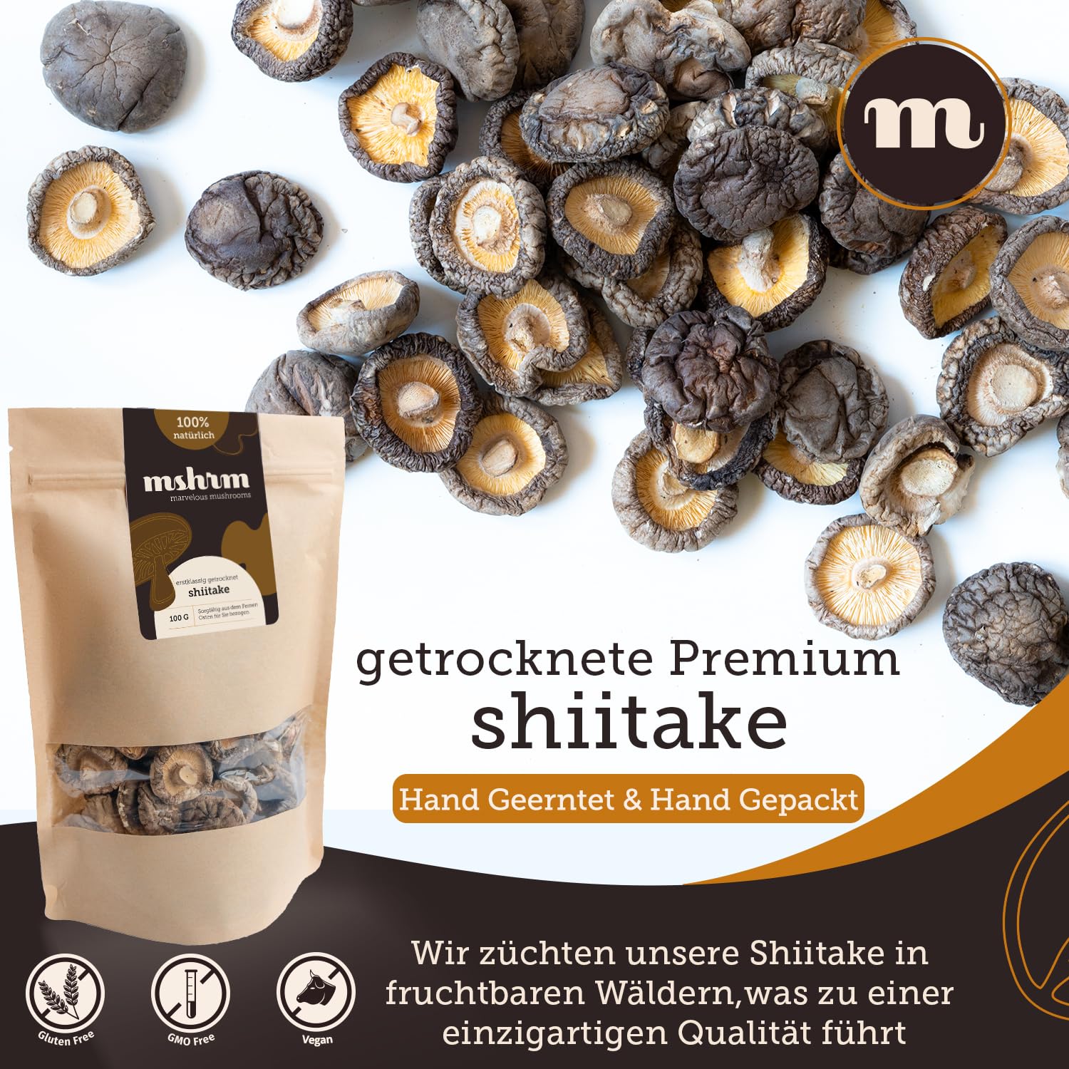 MSHRM Shiitake Pilze getrocknet 100g - Klasse 1 - Nachhaltige Getrocknete Pilze in höchster Qualität zum Kochen & Essen - Shitake getrocknet - Chinesische Pilze - Shitake Pilze aus Nachhaltigem Anbau
