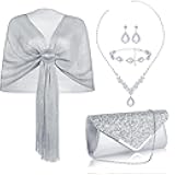 5 Pcs Dressy Jewelry Sets, Silver Shawls and Wraps, Clutch Purse for Homecoming Prom Evening Women Formal