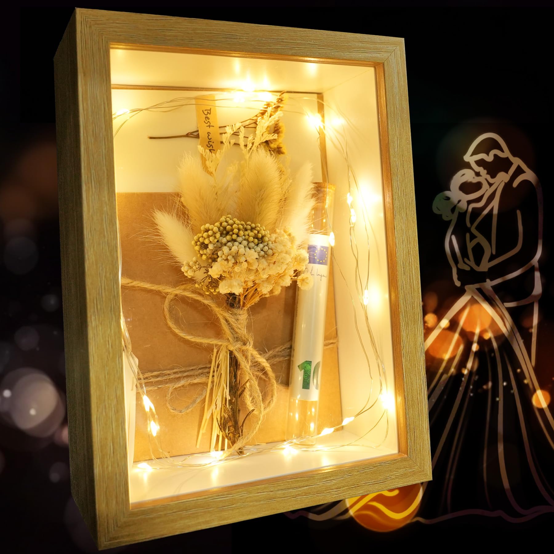 TZEKING Wooden Wedding Gift Box, Money Gift, Wedding Gift Box, Creative Gift for Bride and Groom, Wedding Gift, Dried Flowers, LED, Test Tube for Engagement