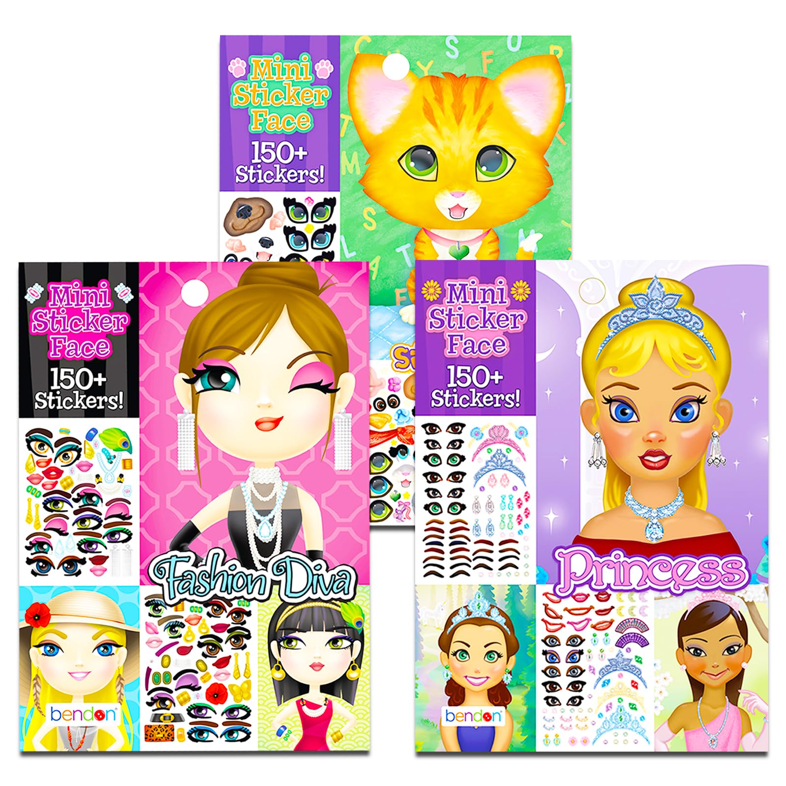 Create a Face Sticker Books 5"x7" Bulk Set for Kids, Toddlers Ages 4-8 - Bundle with 450+ Stickers 75 Sticker Sheets | 3 Sticker Pad Activity Books Girls Featuring Princess, Pets, and Diva