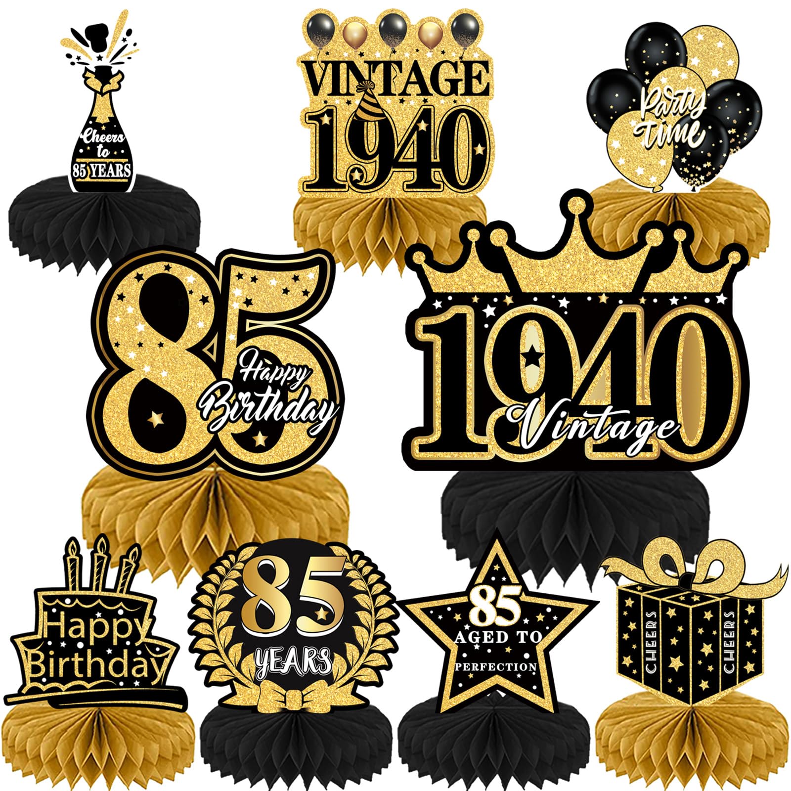 Refavor 85th Birthday Party Decorations, 9PCS Happy Birthday Table Honeycomb Centerpiece Decoration Men, Vintage Black and Gold Cheers to 85 Years Party Decor Women