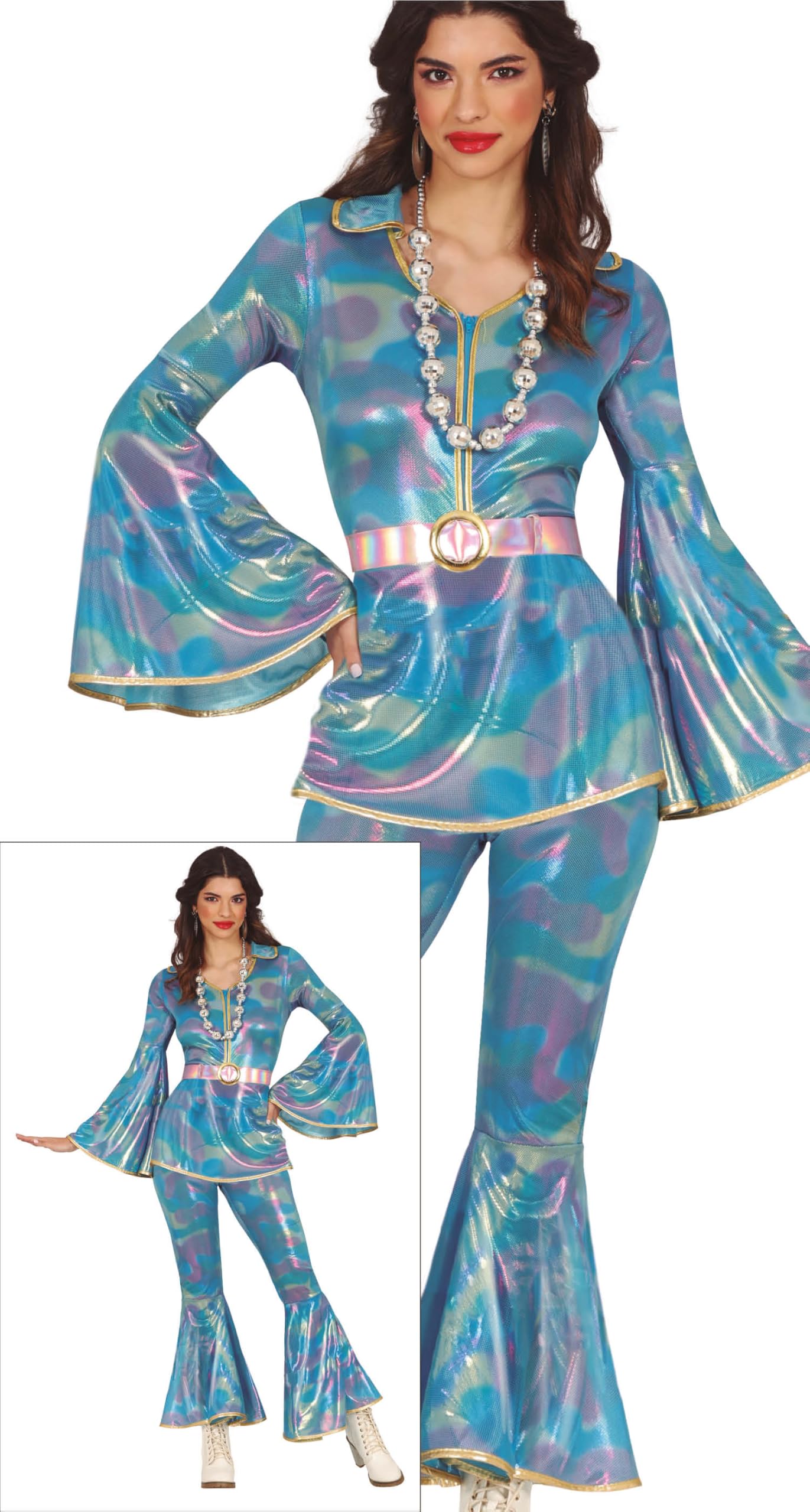 FIESTAS GUIRCA Disco Queen Fancy Dress Women - Metallic Blue70s Outfit - Shiny 60s Fancy Dress Costumes for Women Size L