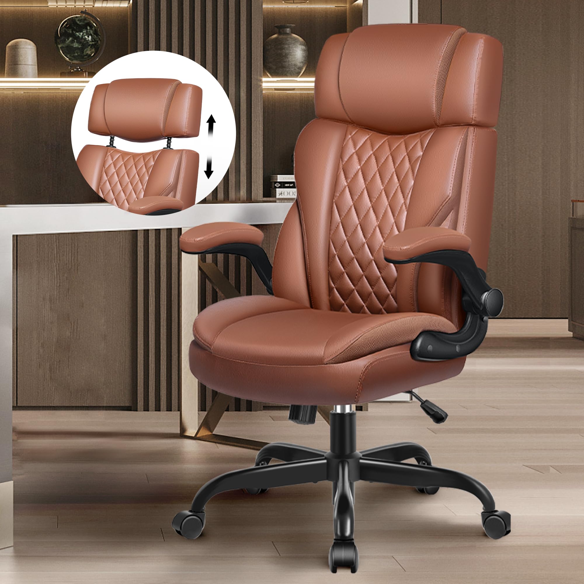 BestGlory Office Chair Flip Up Arms, Executive Leather Office Chair Ergonomic Desk Chair with Lumbar Support, Adjustable Headrest, Computer Chair Home Office Desk Chair with Rocking Function