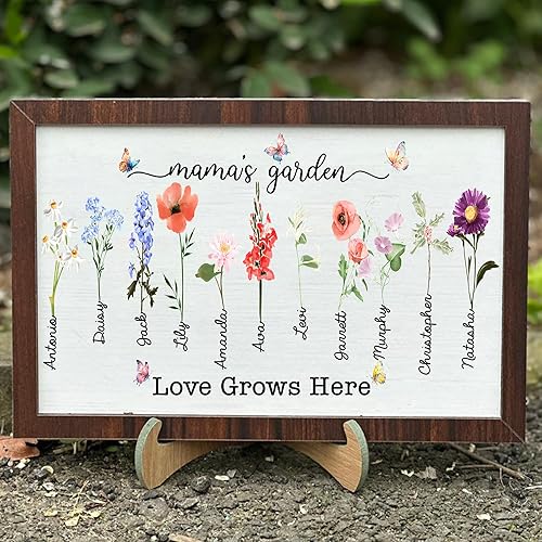 Miniatura 23 de Letrero personalizado para jardín de mamá con nombres de nietos y flor de nacimiento para regalo del Día de la Madre, regalos para abuela, letrero