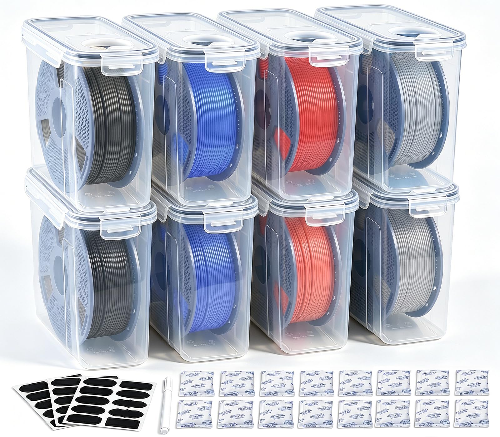 Caja Almacenamiento Filamento 3D Hermética (Pack 8), 4L Caja Seca con 16 Bolsas Gel Sílice, 24 Etiquetas Borrables y Marcador, Adecuado para bobinas de 1 kg de PLA, ABS, PETG y TPU.