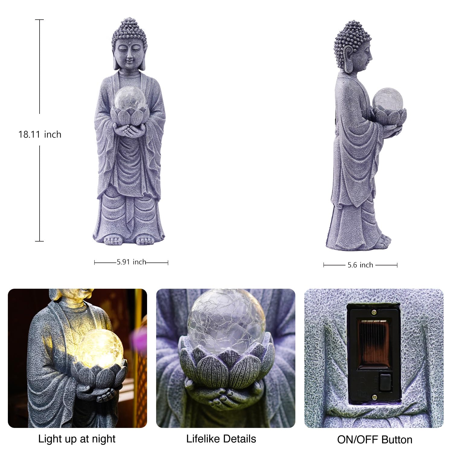 Yeomoo Solarna figurka Buddy, wysokość 46 cm, z efektem crackle LED, duża duchowa dekoracja do ogrodu Zen, medytacji, jogi i Feng Shui, prezent dla kobiet/mamy (ogród, taras, salon), szara