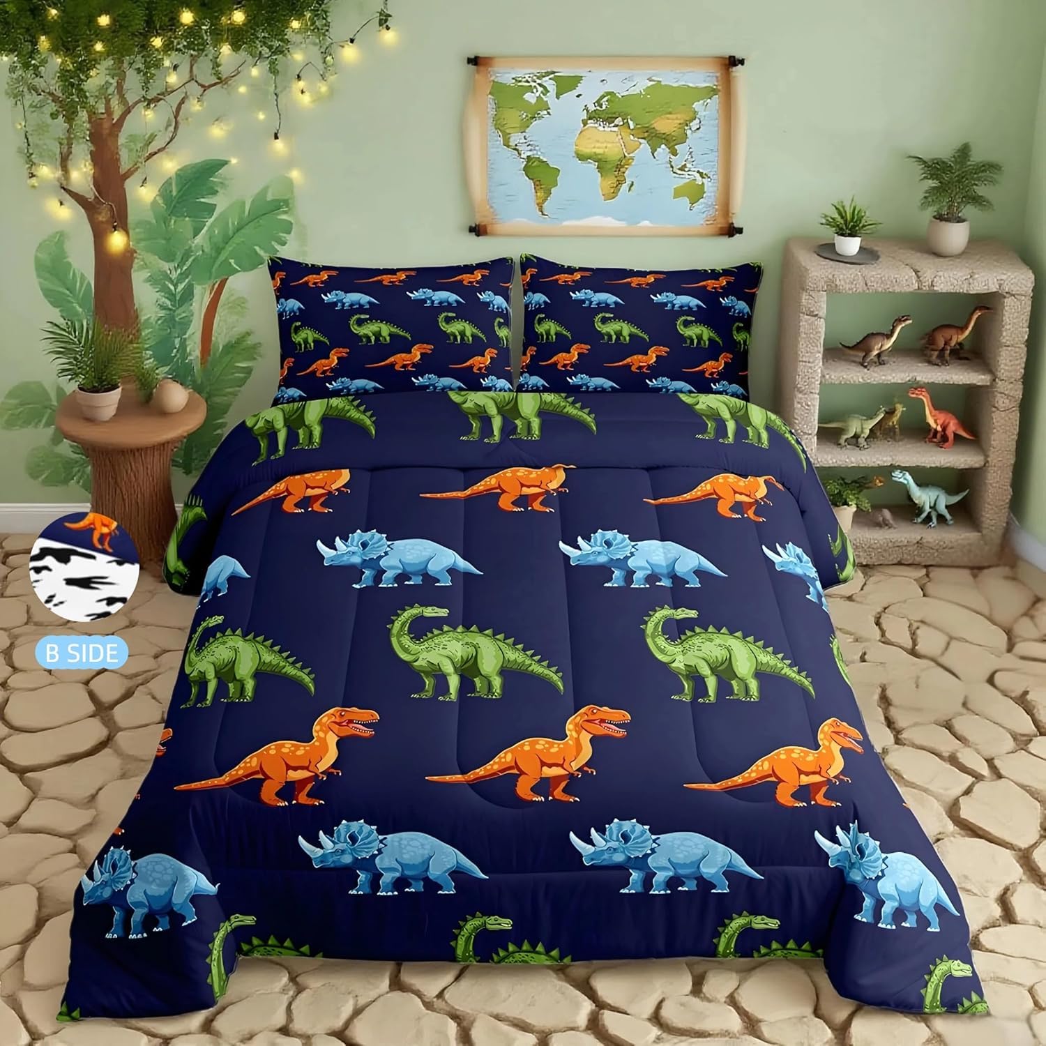 Homemissing Juego de ropa de cama de dinosaurio de dibujos animados, juego de edredón de dinosaurio azul oscuro para niños, edredón de plumón de dinosaurios, para niños y niñas, juego de edredón de