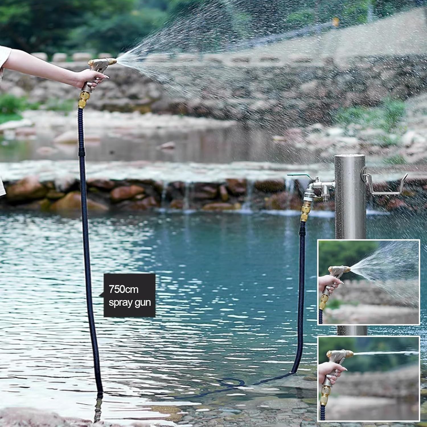 Wasserhahnsäule for den Außenbereich aus Edelstahl mit Doppelwasserhahn und Spritzpistole Hof(H 86cm/33.8in)