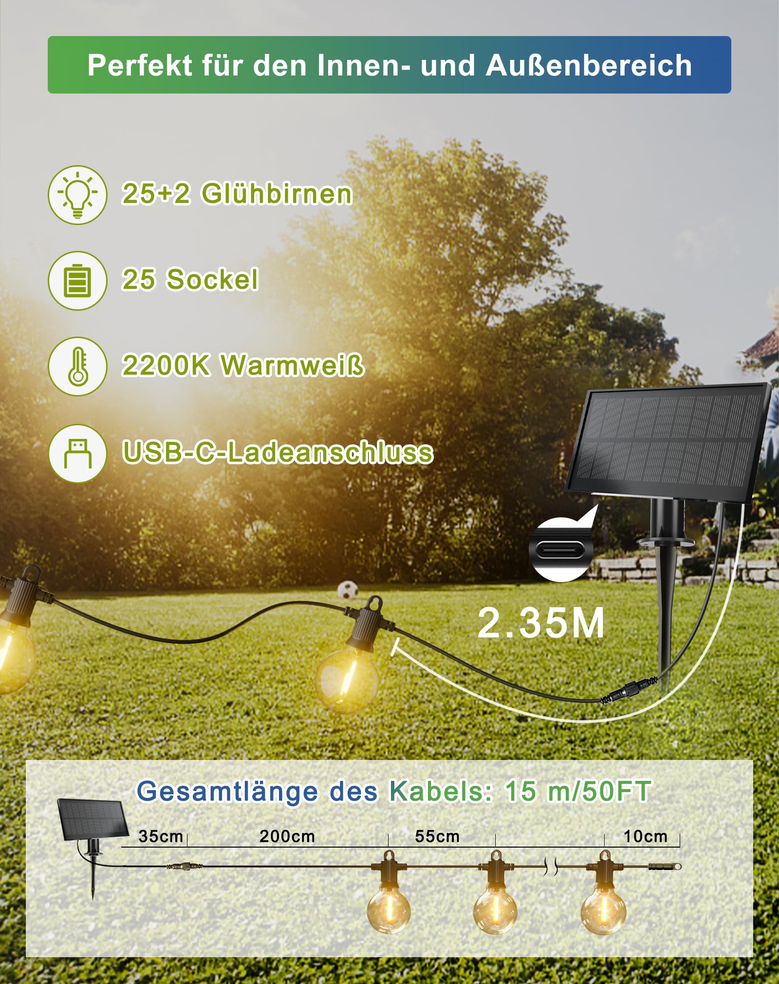 Zuske Solarny łańcuch świetlny na zewnątrz, 15 m, wodoszczelny, z 25 + 2 żarówkami G40, 5 trybów pracy, wodoszczelność IP65, solarny łańcuch świetlny do użytku na zewnątrz, do ogrodu, na taras, balkon