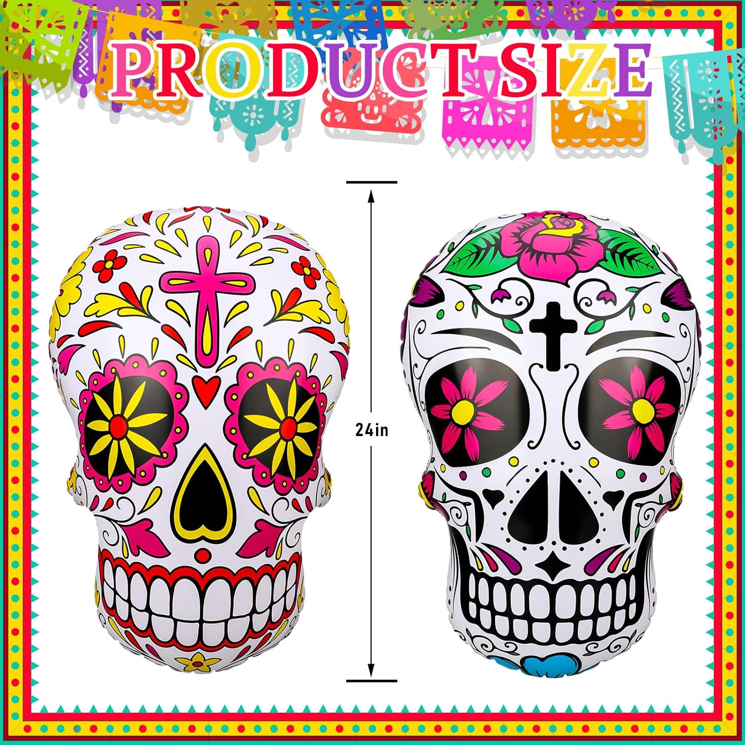 Liliful 4 Pcs 24 Inch Inflatables Sugar Skull Decorations Blow up Day of The Dead Inflatable Sugar Skull Dia De Los Muertos Decorations for Halloween Mexican Fiesta Party Yard Lawn Garden Outdoor