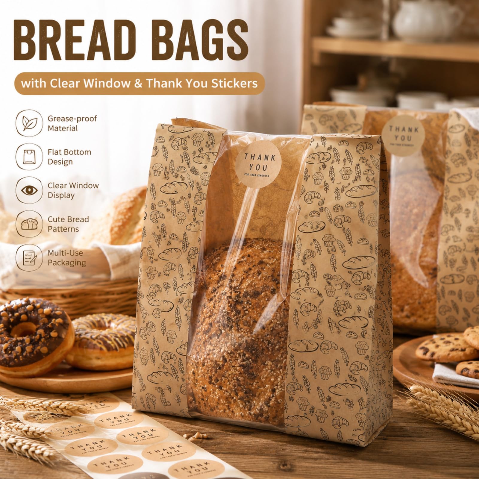 Hacaroa 100 Stück Papier Brotbeutel mit Klarem Fenster, 27,5 x 25 x 10 cm Kraft Bäckerei Taschen mit 100 Aufkleber, Braun Toast Verpackung Taschen für Hausgemachtes Brot, Keks