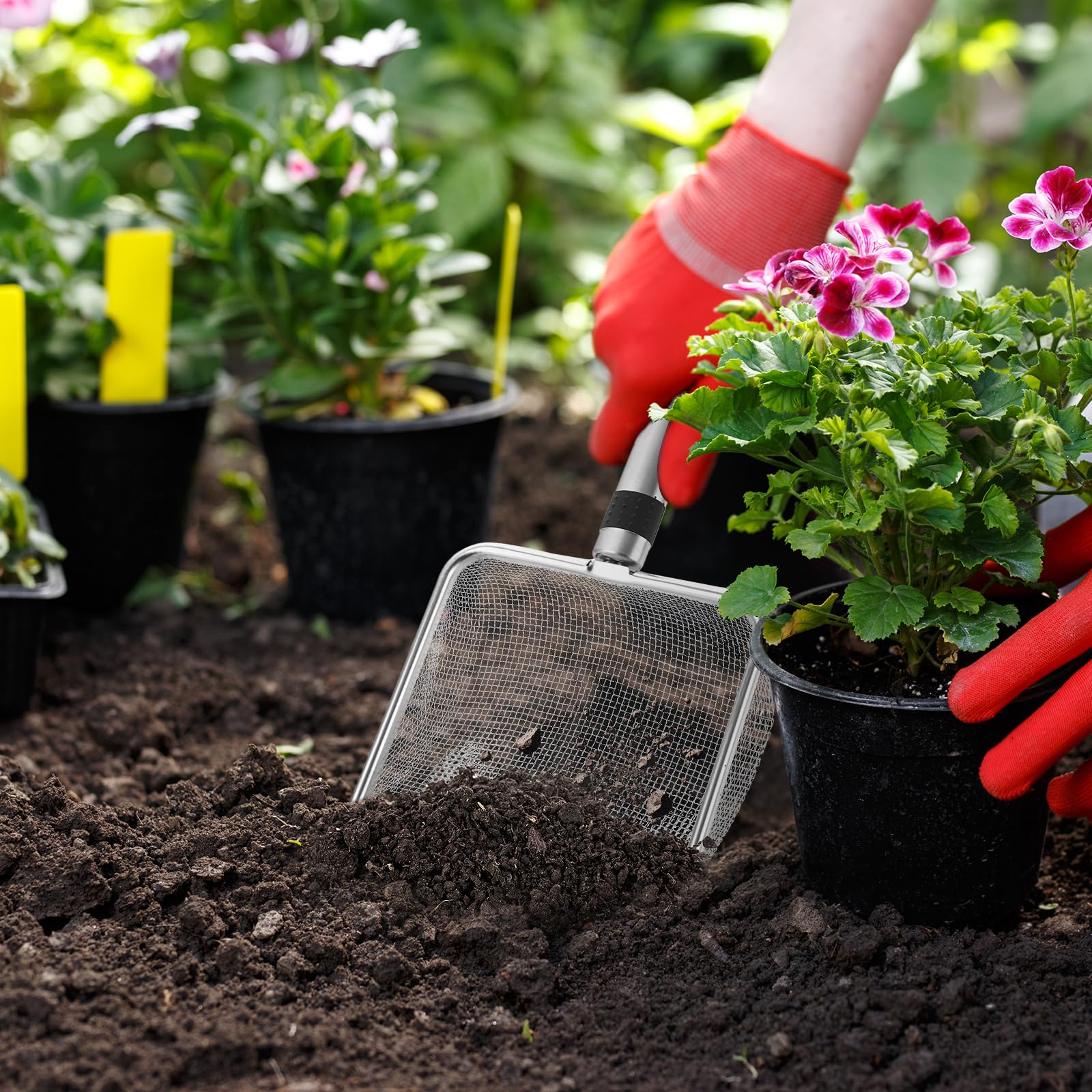 4 Stück Edelstahl-Gartensiebe, Grobsieb und Kompostsiebschaufel, Kompostsieb mit Griff, Katzentoilettenschaufel Gartensieb Erde, Steine, Katzentoiletten (2/2,8/3,8/5 mm Maschenweite)