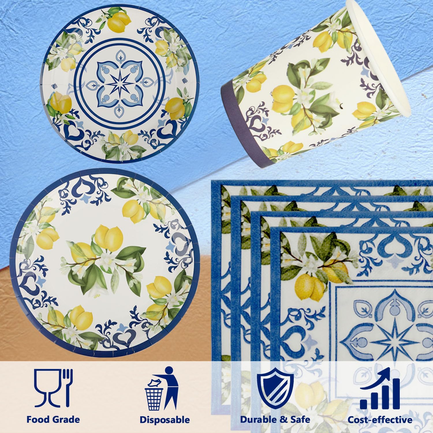 250 Pcs Capri Lemon Party Supplies,Disposable Tableware Set,Include Plates Cups and Napkins,Citrus Fruit Paper Plates Set for Summer Spring Birthday Baby Shower Wedding,Serves 50