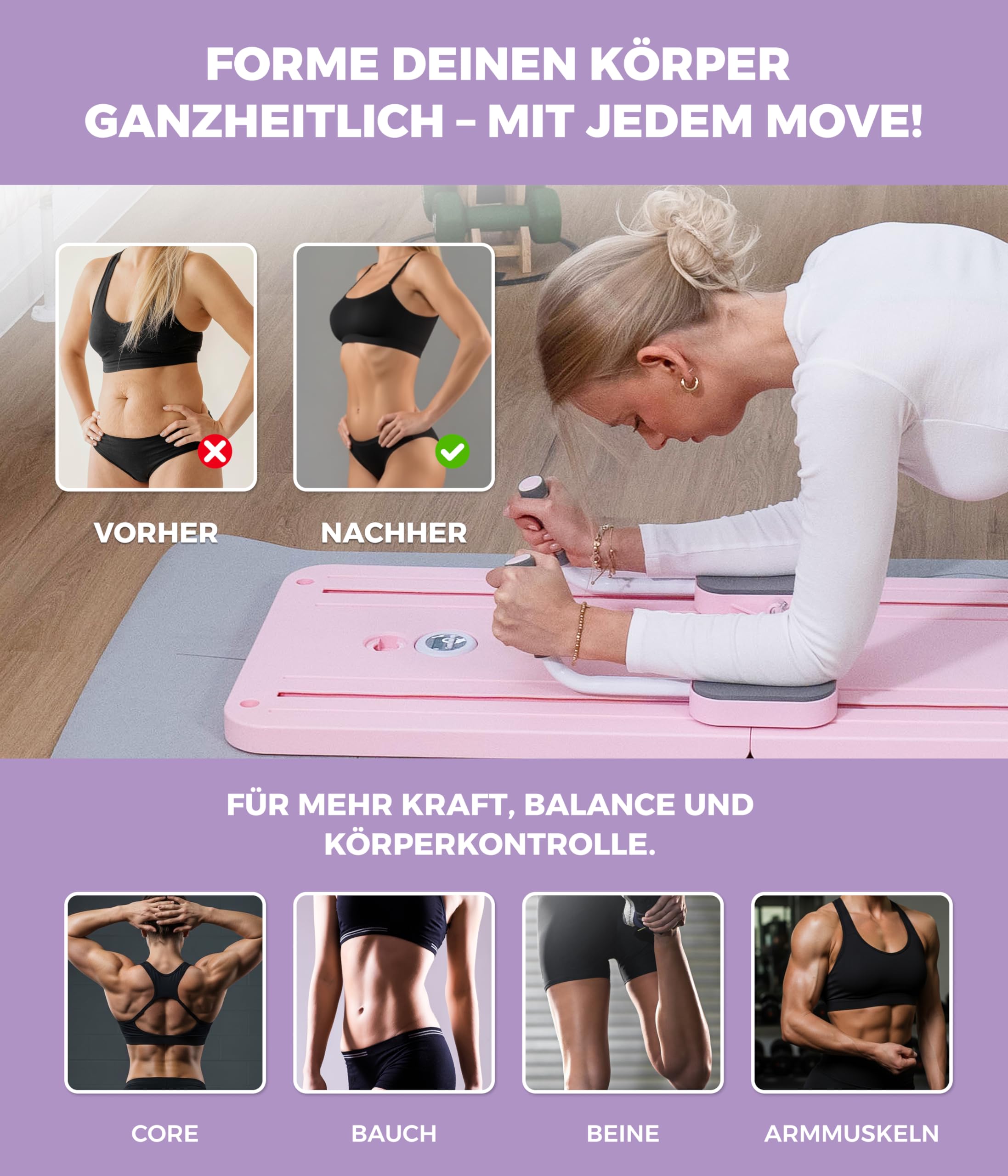 Yunik® Pilates Board | Faltbar & Kompakt | Ganzkörper Set mit Trainingsbändern Home Workout Pilates Reformer für Zuhause Trainer klappbar für Schulter Bauch Arme
