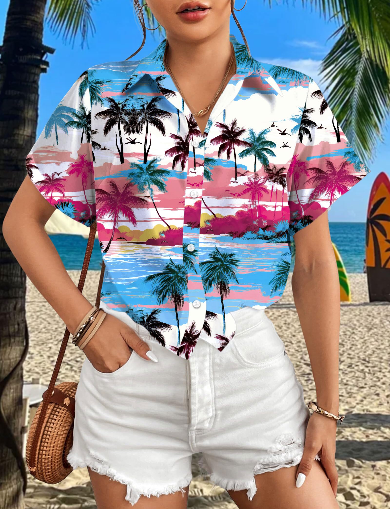 tiorhooe Camicia hawaiana da donna con albero tropicale a maniche corte, abbottonatura estiva, spiaggia, vacanza