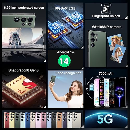 Miniatura 2 de MMY I25 Ultra 5G - Teléfono inteligente desbloqueado, 16 GB+512 GB para Android 14, teléfono celular desbloqueado de 6.99 pulgadas, 7000 mAh, 68