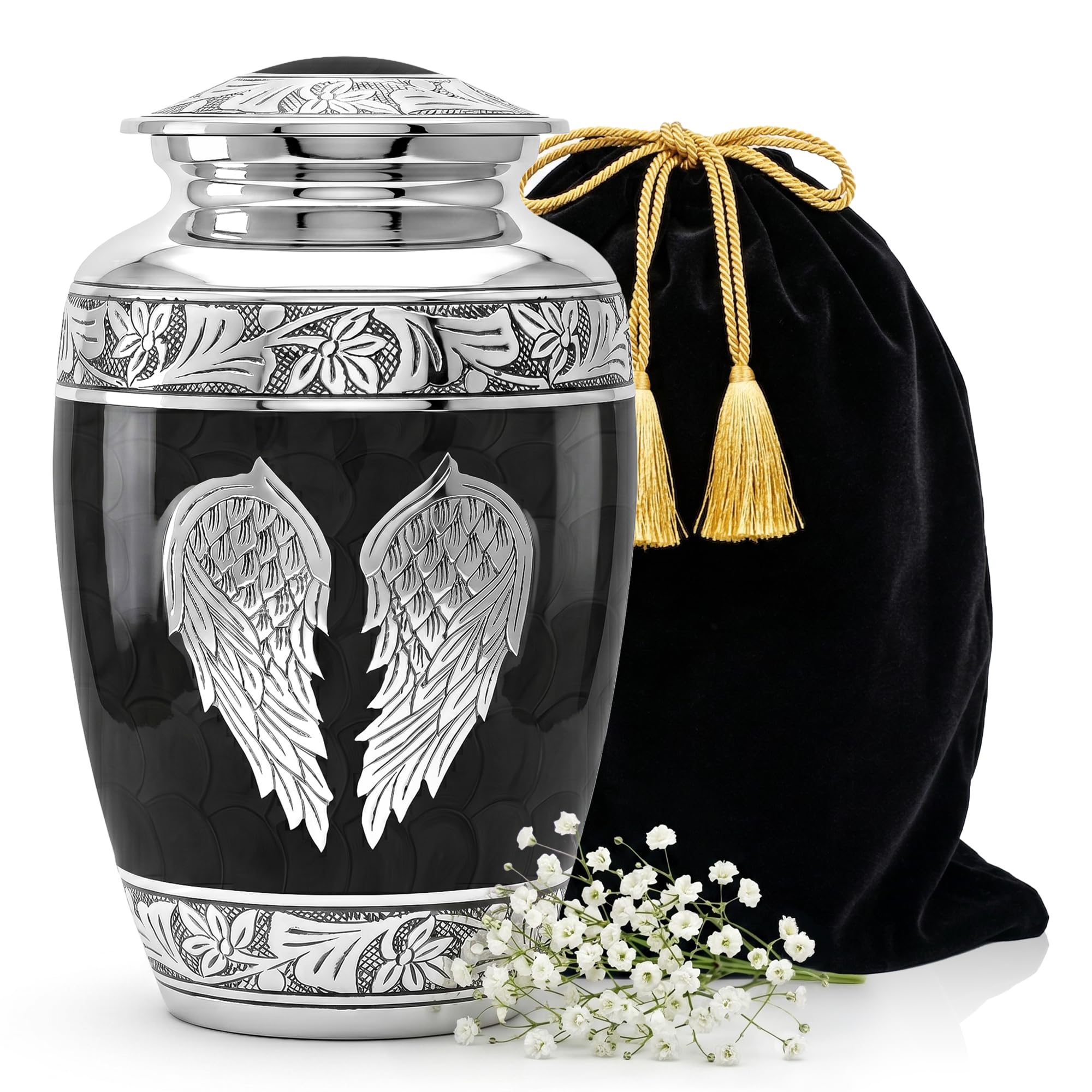 STONLIF Angel Wings Cremation Urns for Human Ashes - Memorial Urn for Adults, Women, and Men - Decorative Urn for Home, Burial, or Funeral (Black, Large)