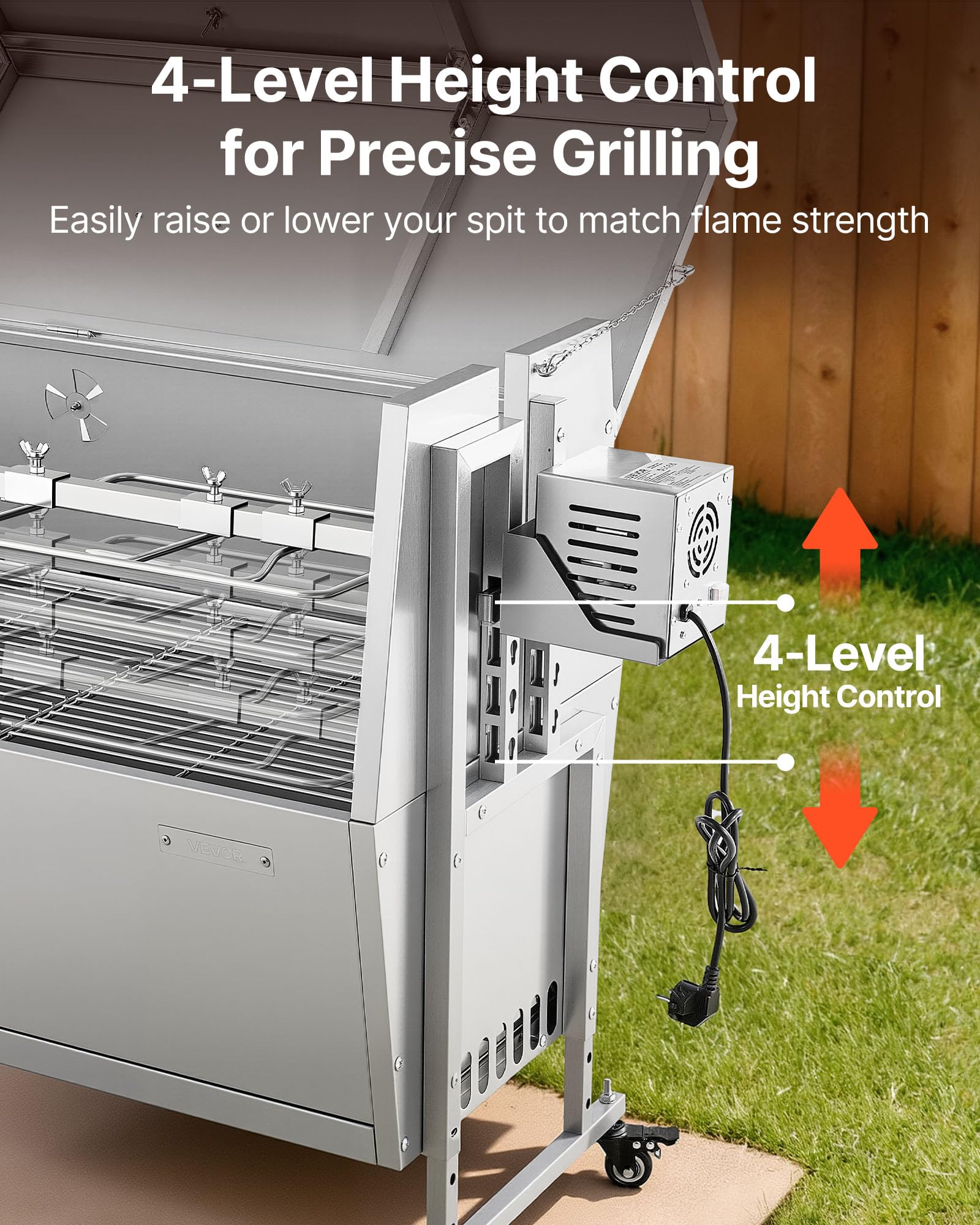 VEVOR Grill do rożna, 117 cm, grill na zewnątrz dla świni i jagnięciny, palarnia na węgiel drzewny o pojemności 59 kg, kółka i 4-poziomowa wysokość, zestaw do grillowania rożna ze stali nierdzewnej