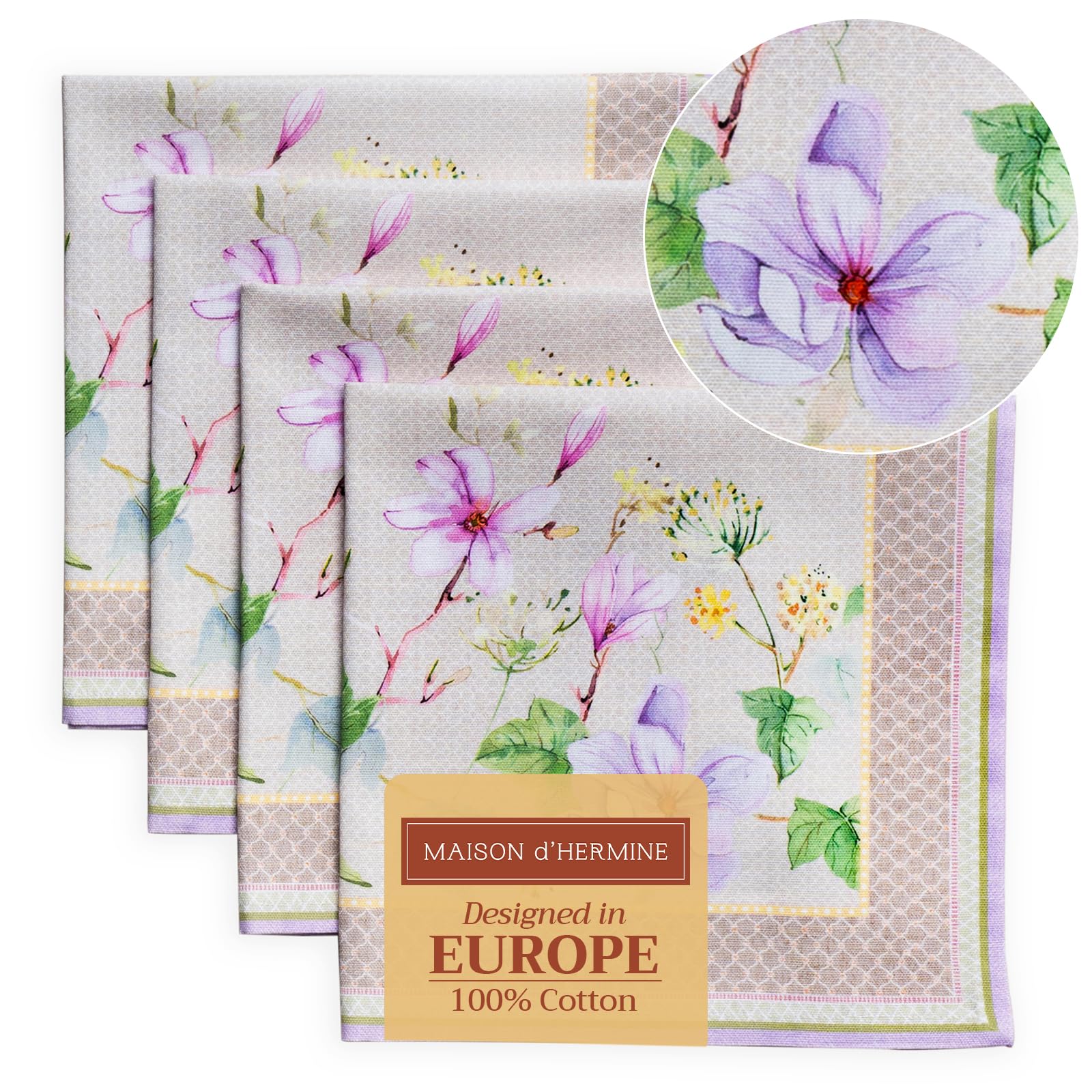 Maison D' Hermine 045 - Magnolia Mornings Cloth Napkins Set Of 4 100% Cotton Everyday Reusable Square Napkins Cloth Washable Kitchen Dinner Hotel Party Wedding Restaurant Spring Summer (Magnolia Mornings, 45 Cm X 45 Cm)
