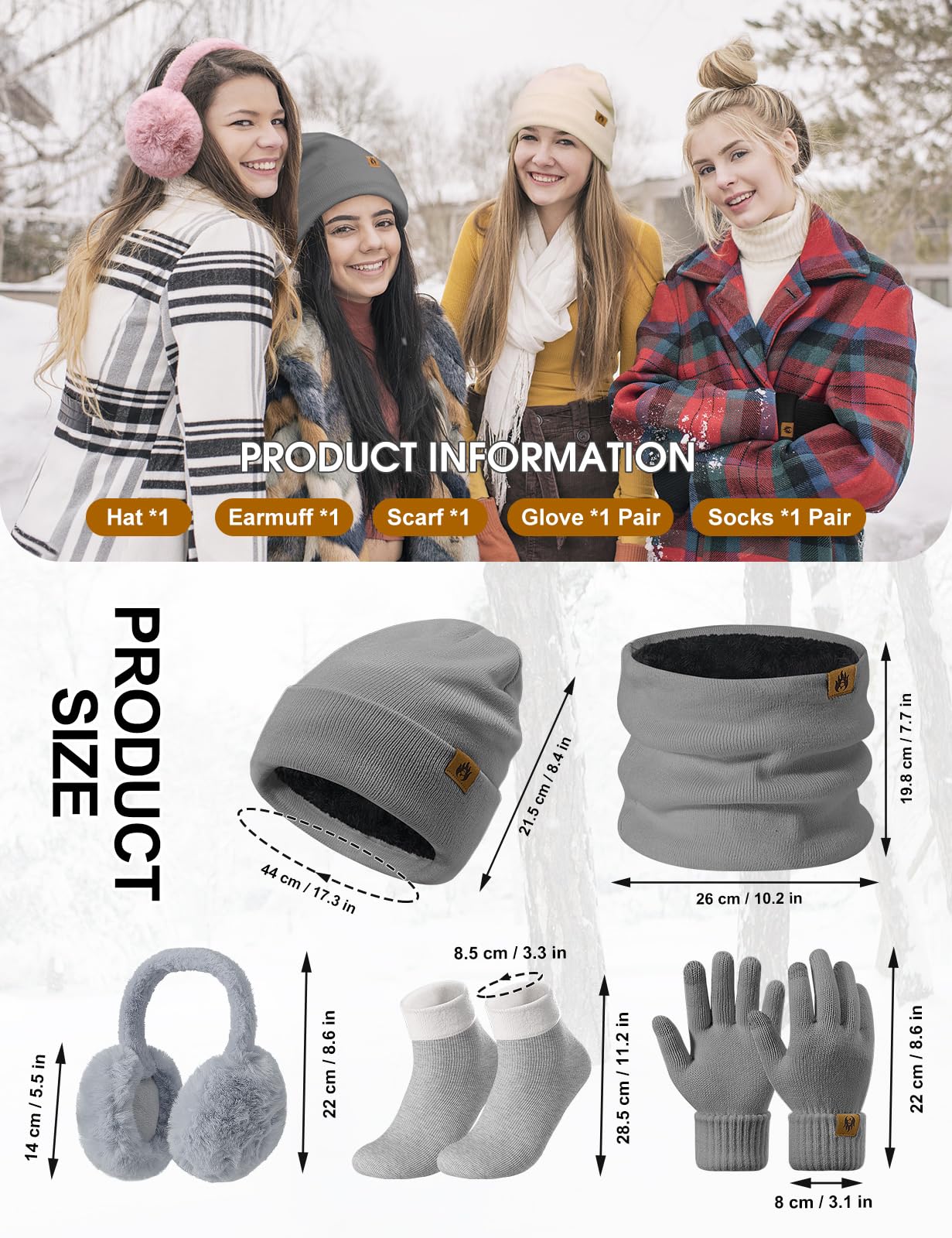 Niwicee Ensemble Bonnet Écharpe Gants 5 en 1 Femme Hiver Chaud Cache-Cou Écharpe Bonnet de Doublure Polaire Gants d'écran Tactile Cache-Oreilles Chaussettes