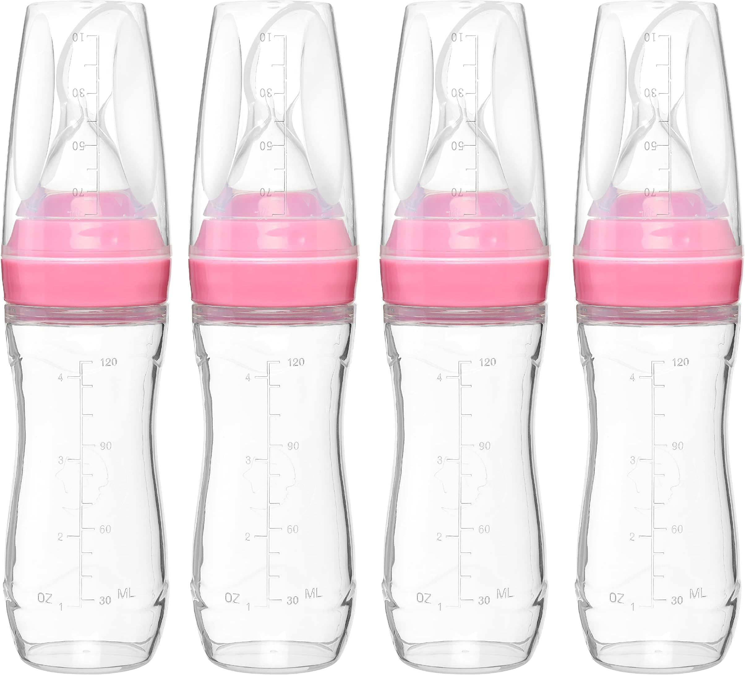 4 oz Silicone Baby Food Dispensing Spoon - 4 Pack - Great for 4+ Month Infants - Includes Stopper - Easy to Use and Mess-Free - Precise Food-Release Feeder - Great for Travel (Pink