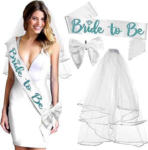 Miniatura 9 de Juego de 2 bandas para novios de novia, color turquesa brillante, banda de satén blanco y banda de satén deportiva plateada para novio a ser negro,