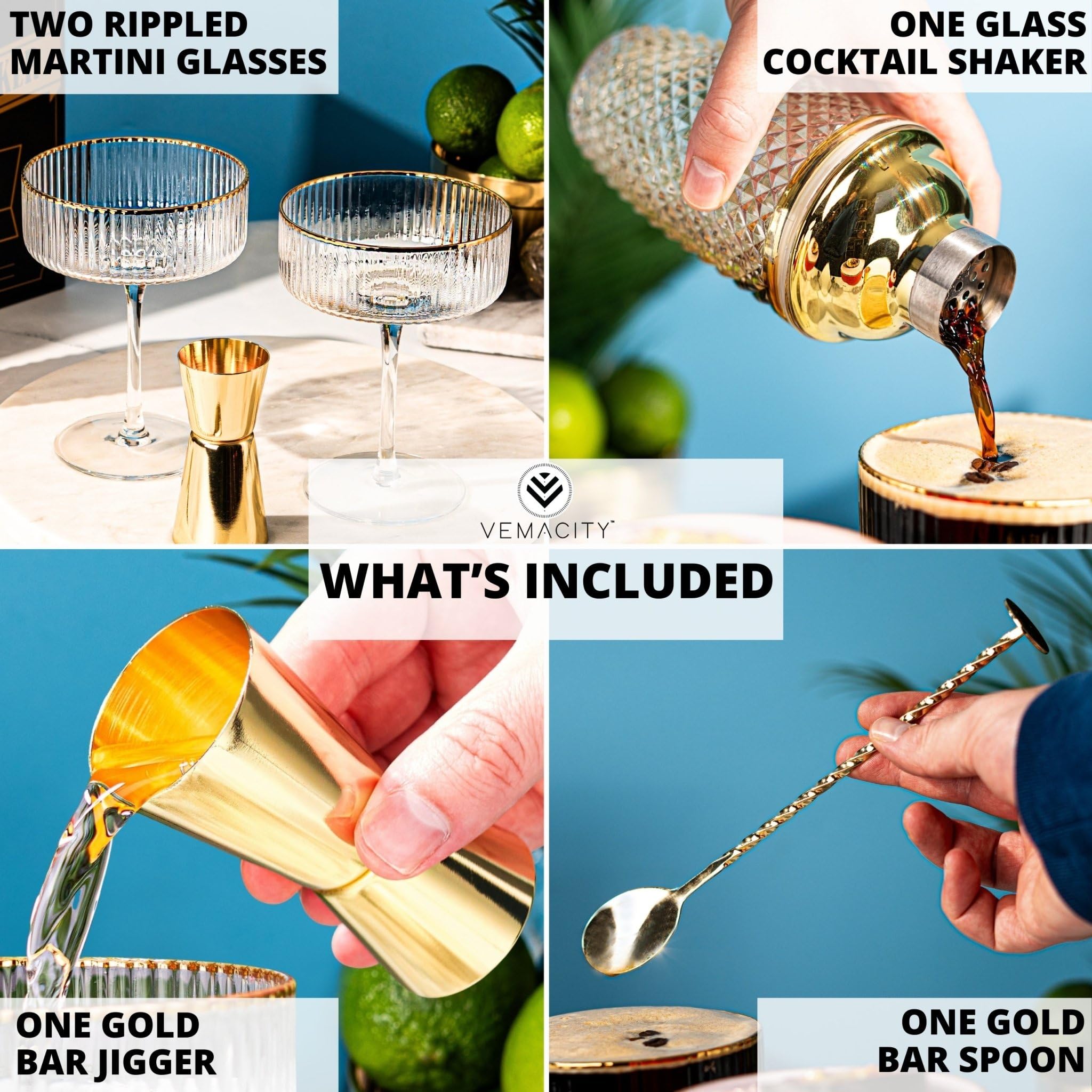 Vemacity Ensemble d'outils de bar de luxe | Shaker à cocktail en verre de 425,2 g + verres à martini expresso et accessoires de cocktail dorés : cuillère, doseur (shaker à cocktail doré + verres