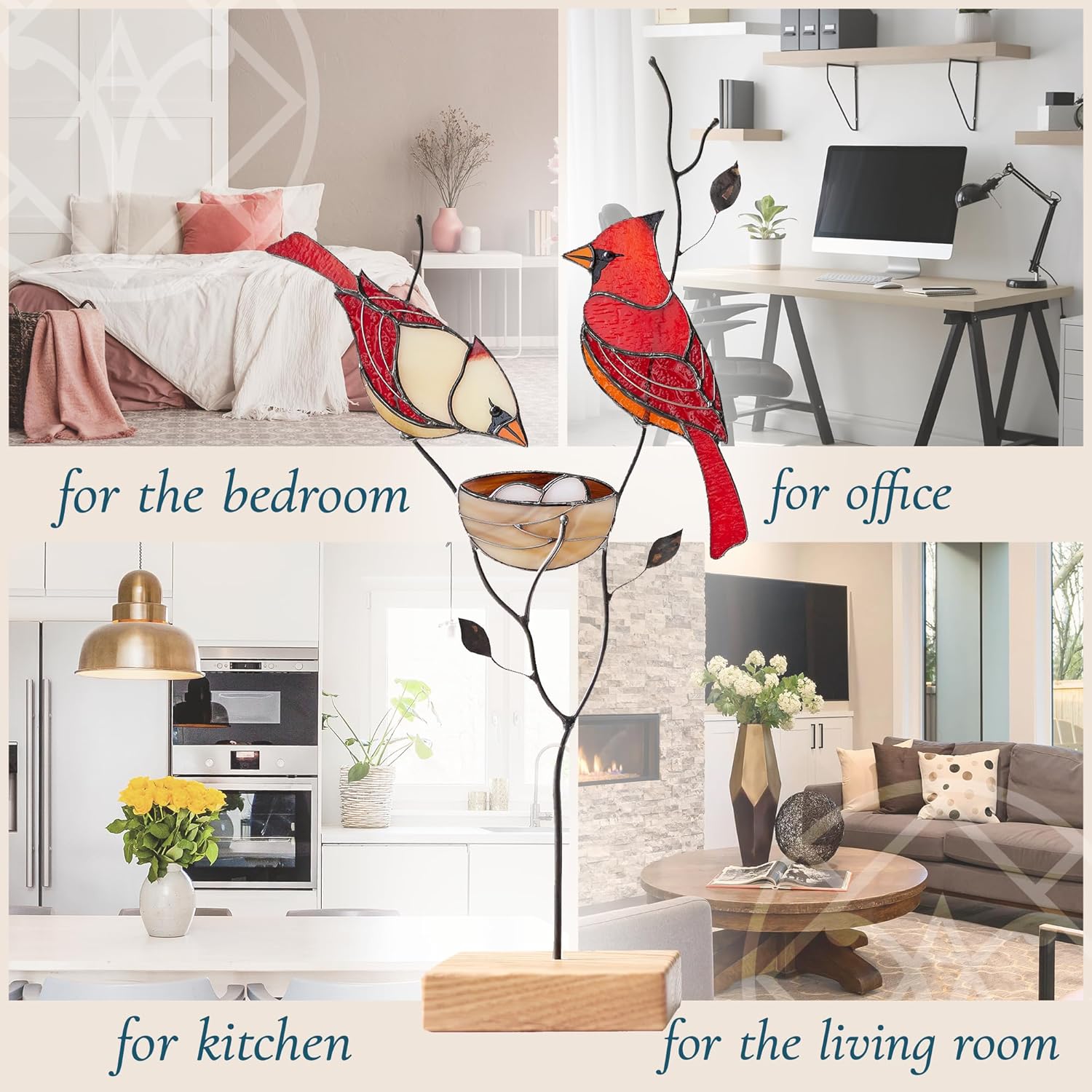 Stained Cardinals Couple with Nest on a Stand – Suncatcher with Stand – Colorful Decor for Home – Bright Adornment