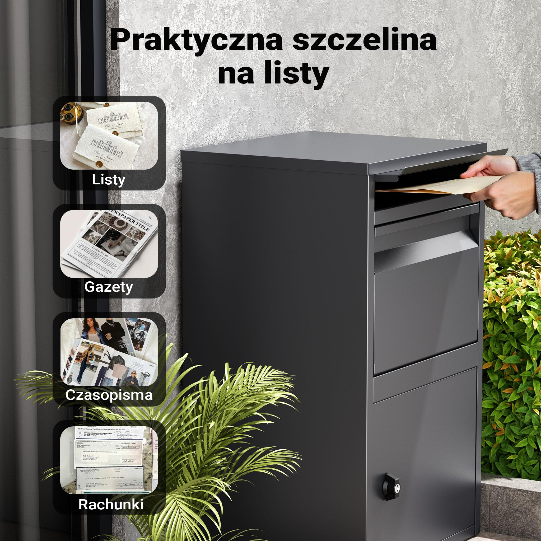 Wiltec Skrzynka na paczki antracytowa 410 x 385 x 720 mm, skrzynka na paczki do domu, prywatny punkt odbioru paczek, odpowiednia do paczek i przesyłek, skrzynka pocztowa stojąca stalowa