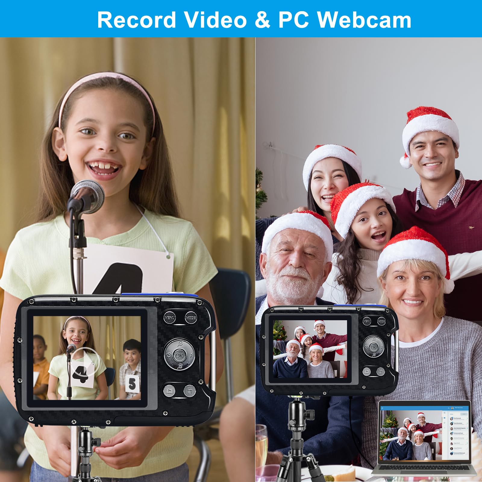 Appareil photo numérique étanche 21 MP 1080p avec flash LCD de 7,1 cm, rechargeable HD pour garçons et filles avec tuba, voyage/cadeau (bleu)