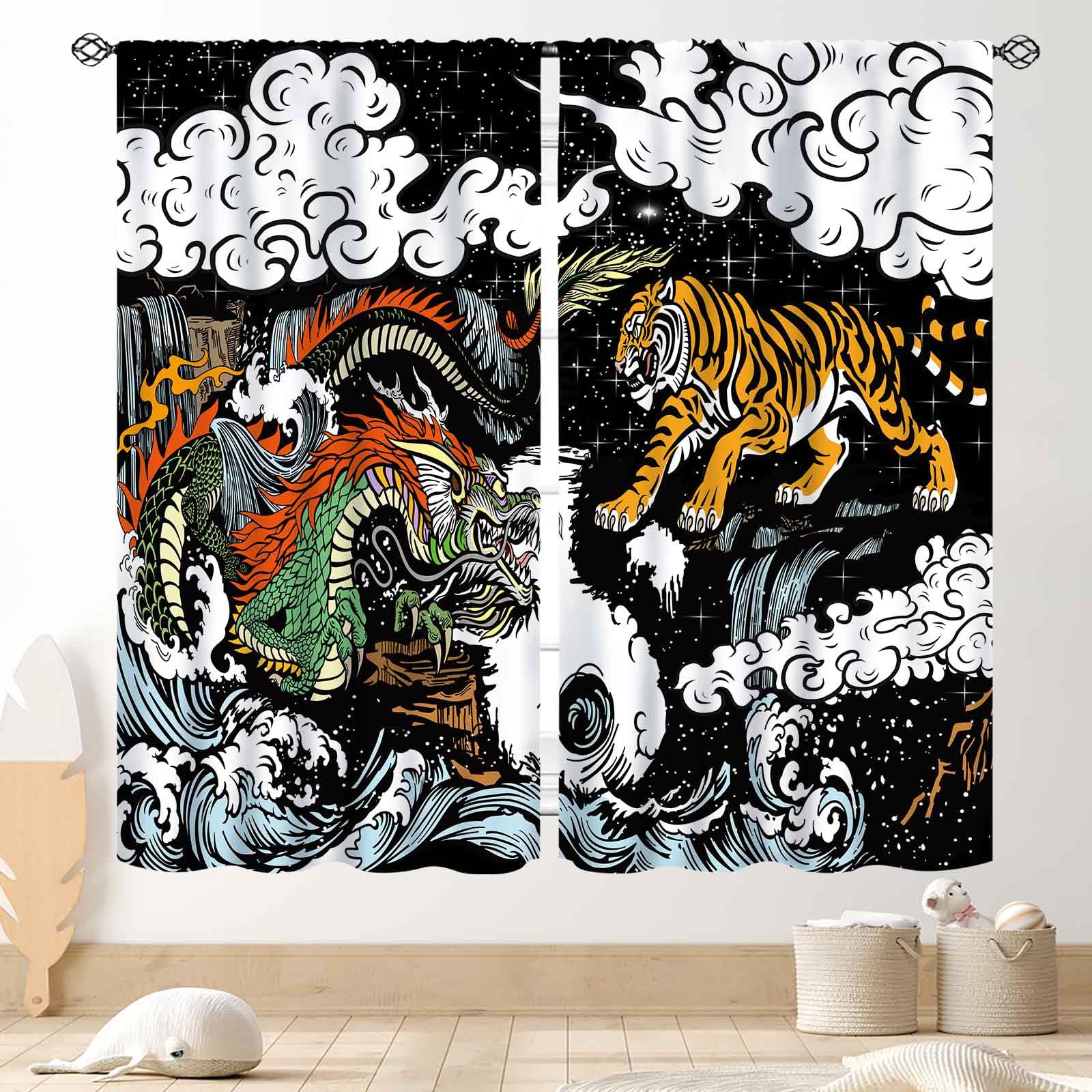 Japanese Curtains, Traditional Asian Style Chinese Dragon Tiger Fight Anime Mythology Aesthetic Black Window Drapery Treatments for Bedroom Living