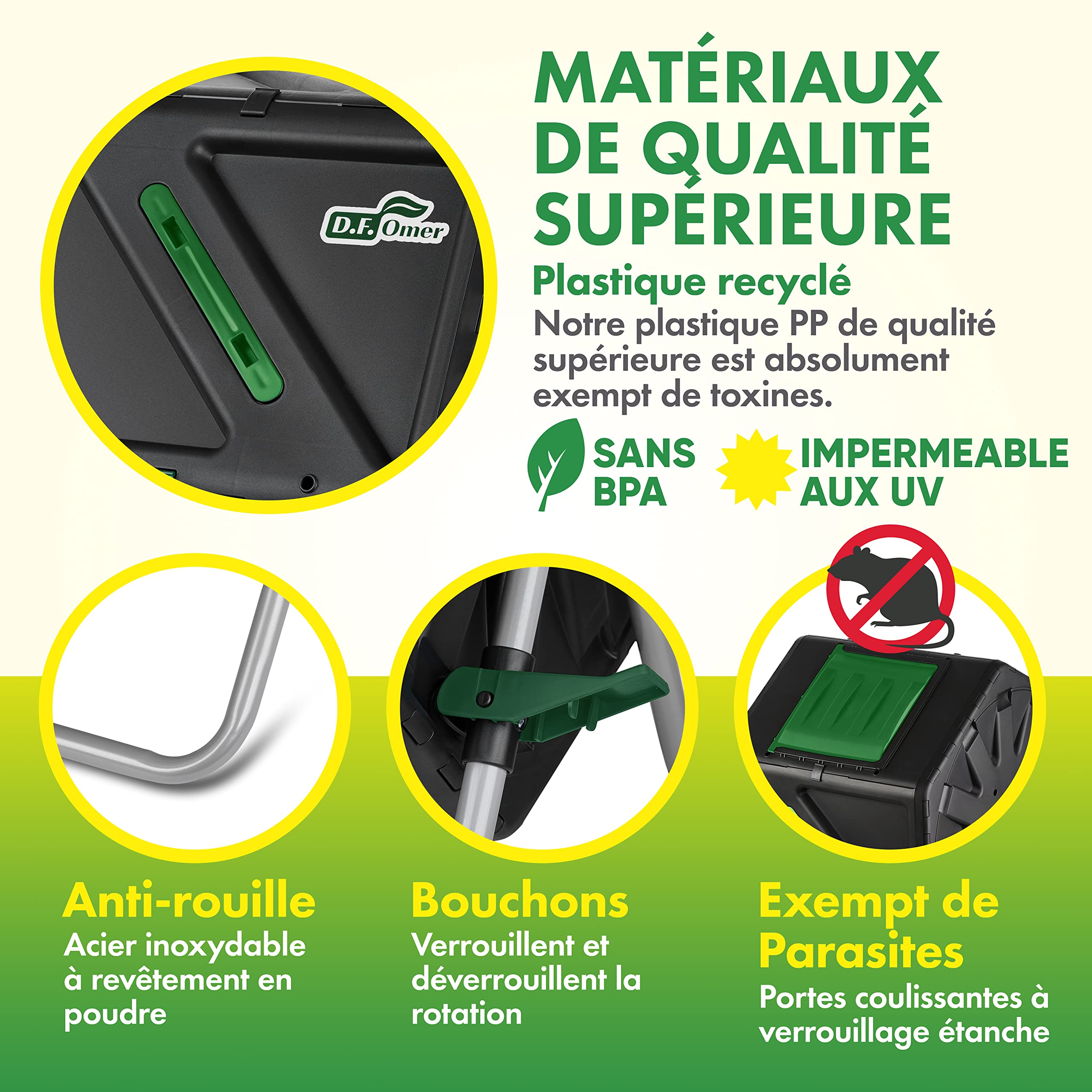 Composteur de Jardin à Chambre Unique DF OMER pour Le Jardinage en Plein Air - Grand Volume, Conception Compacte, Capacité De 105 litres - Composteur Rotatif Roulant Résistant