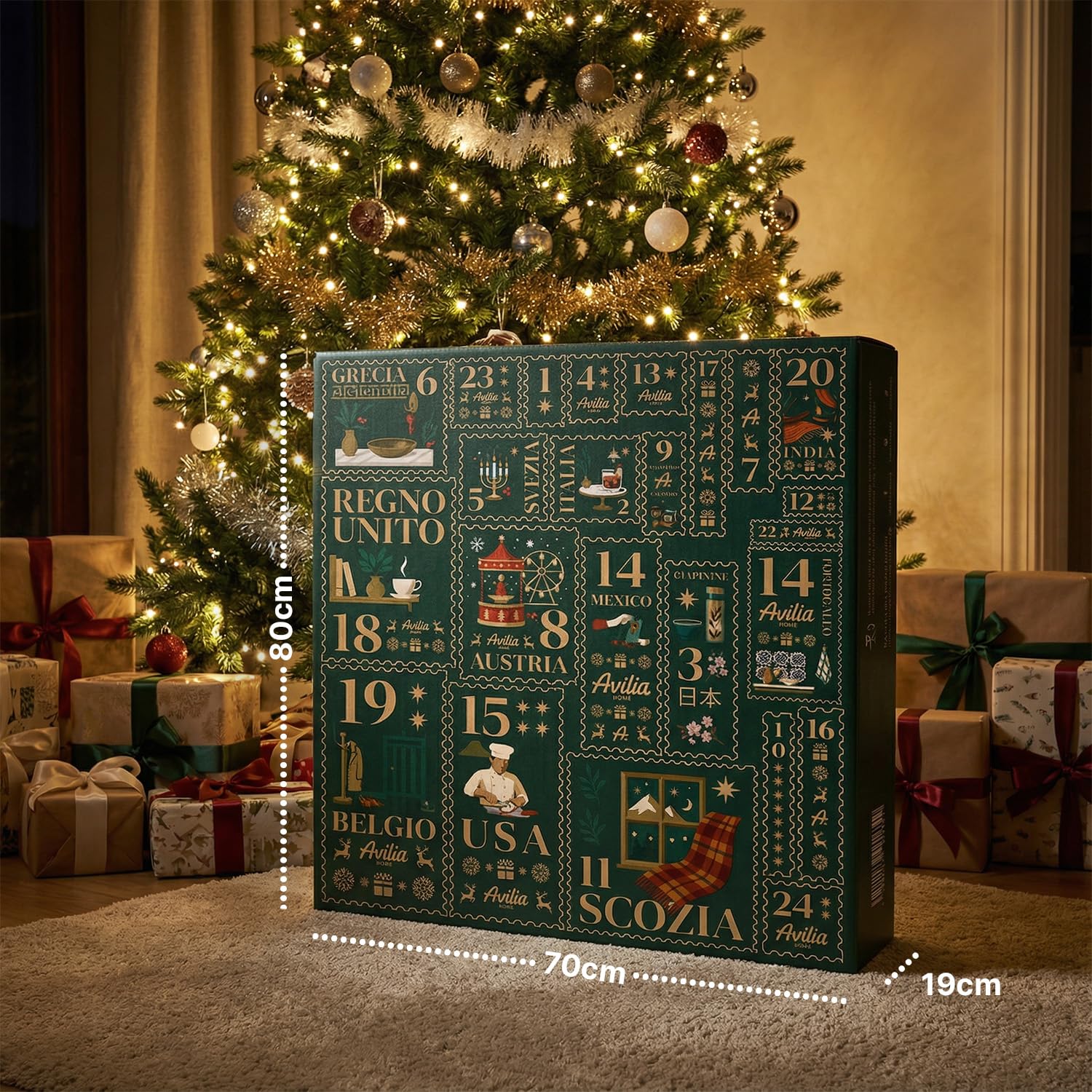 Wintem Calendario de Adviento con 24 regalos temáticos de países del mundo para el hogar, la cocina y el bienestar, idea de regalo original de Navidad con juego de ganso integrado y paquete de lujo