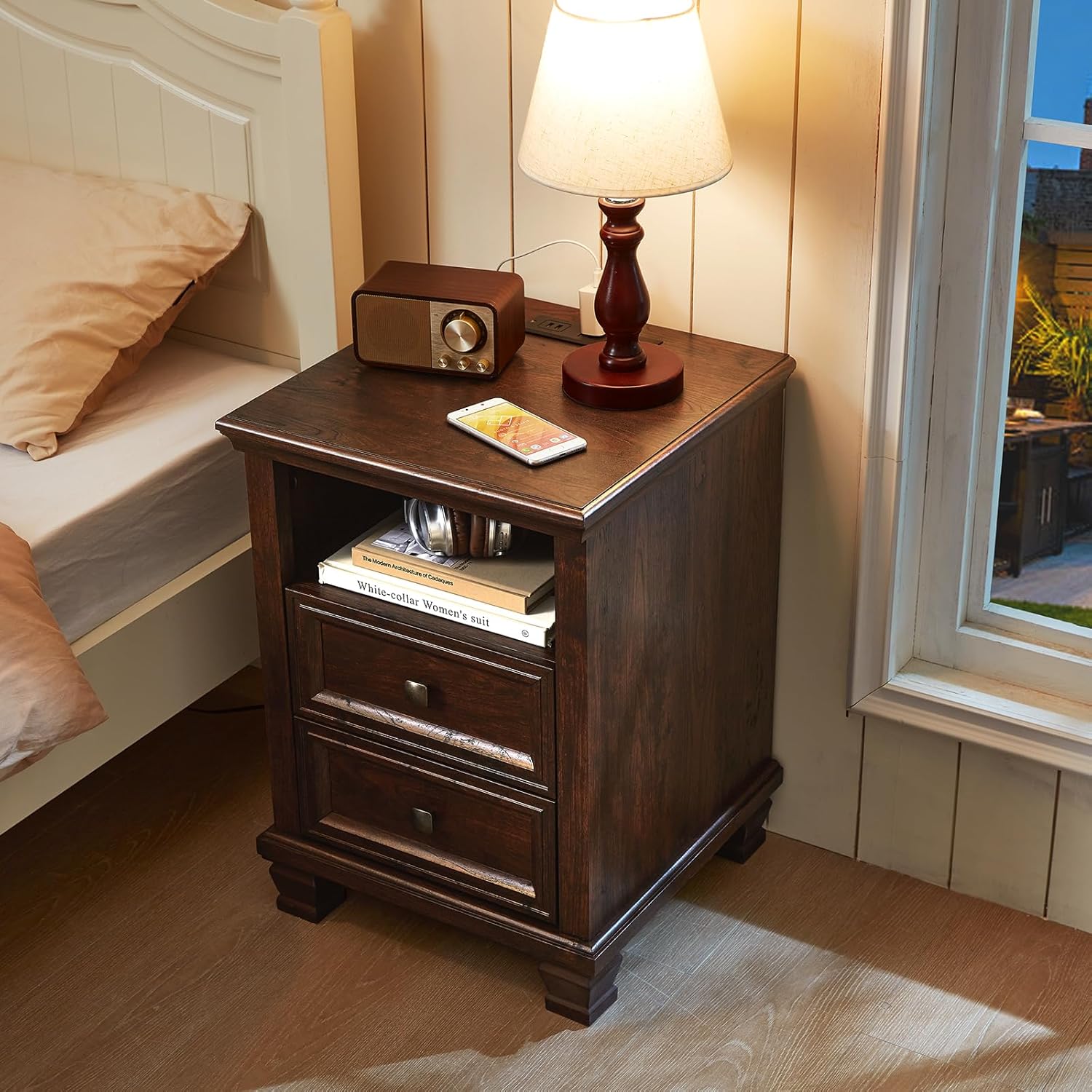 Farmhouse Nightstand with Charging Station, Rustic Brown Nightstand, 2 Drawers End Table, Bedside Table with Open Shelf for Bedroom, Walnut