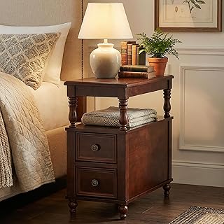 Tribesigns Solid Wood Nightstand with 2 Drawers, Mid-Century Modern Night Stand with Open Storage Shelf, Vintage Bedside Table for Bedroom, Easy to Assemble (Dark Cherry Wood Color)