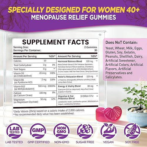 Miniatura 5 de Suplementos de menopausia para mujeres, gomitas, sofocos y sudores nocturnos, alivio de la menopausia con cohosh negro, grosella y probióticos, sin