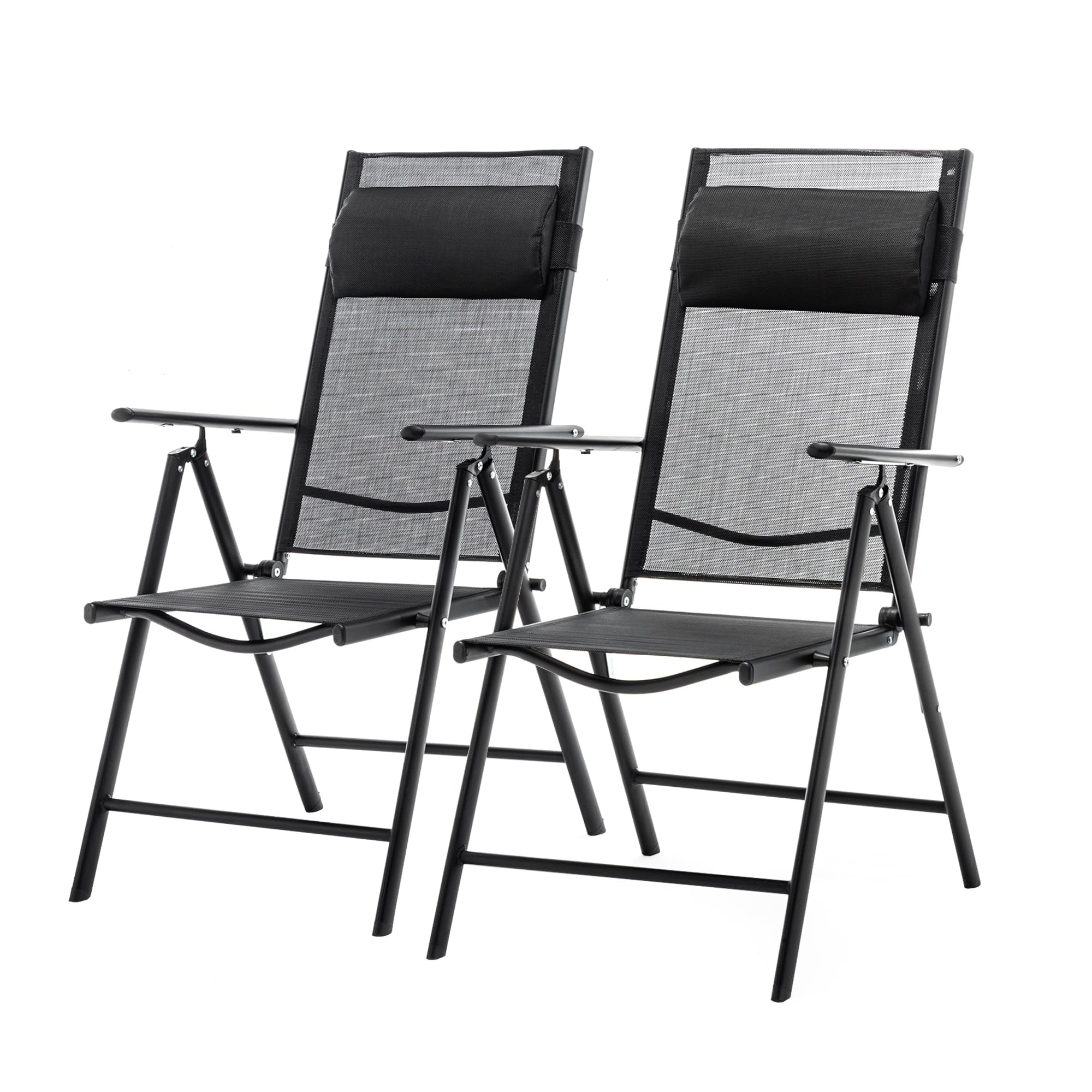 Thanaddo Gartenstuhl Hochlehner 2er Set Klappbar Gartenstühle mit Kopfkisssen, 130 KG Belastbar, Metall Campingstuhl Balkonstuhl Wetterfest für Garten, Terrasse, Balkon und Camping, Schwarz