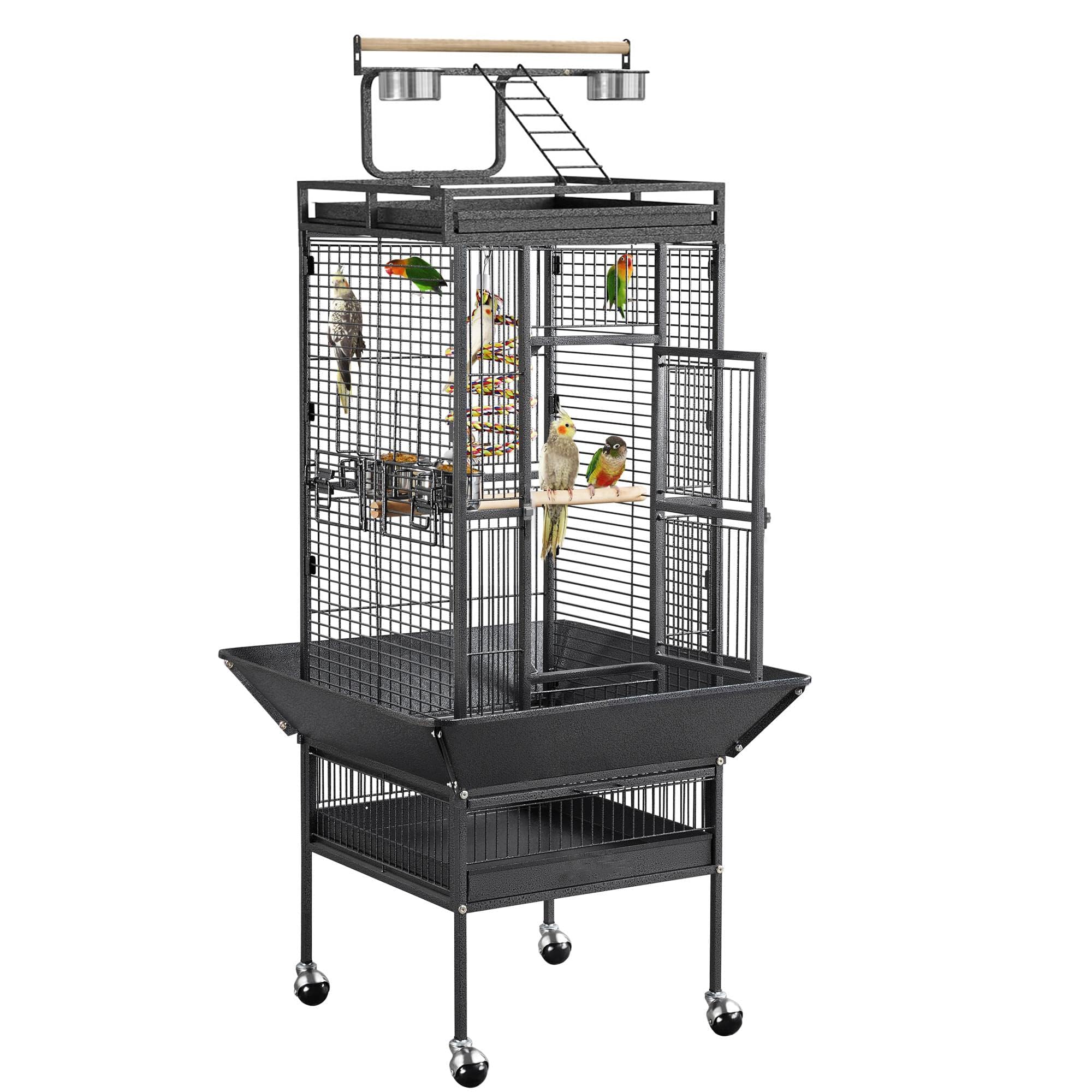61-inch 2in1 Large Bird Cage with Rolling Stand Playtop Parrot Chinchilla Finch Cage Macaw Conure Cockatiel Cockatoo Pet House Wrought Iron Birdcage, Black
