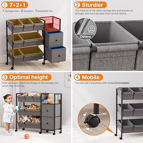 Miniatura 4 de Organizadores de juguetes y contenedores de almacenamiento para niños, 7 contenedores de almacenamiento + 2 cajones de tela + 1 estantería,