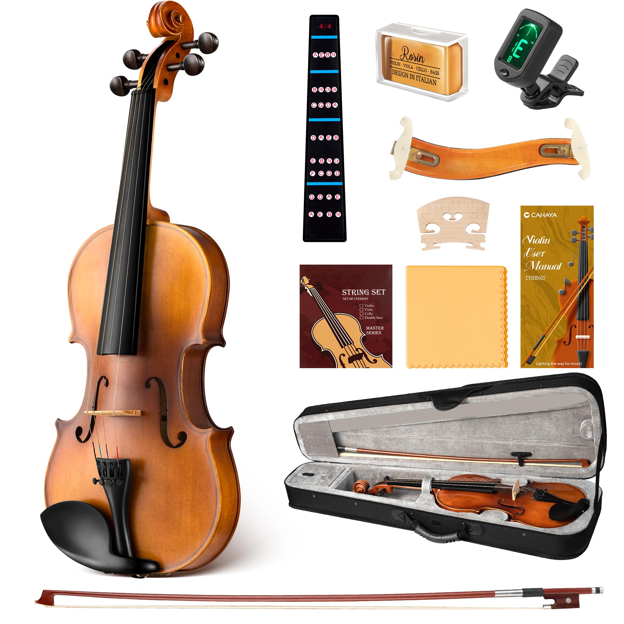 CAHAYA Violín 4/4 de Madera Maciza – Set Completo Hecho a Mano para Principiantes, Estudiantes y Adultos, con Estuche, Arco, Hombrera, Afinador y Resina