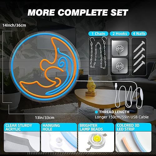 Miniatura 6 de Eufrozy Letrero LED de neón para decoración de pared, letrero de luz LED de luna azul, 10 letreros LED regulables con iluminación alimentada por