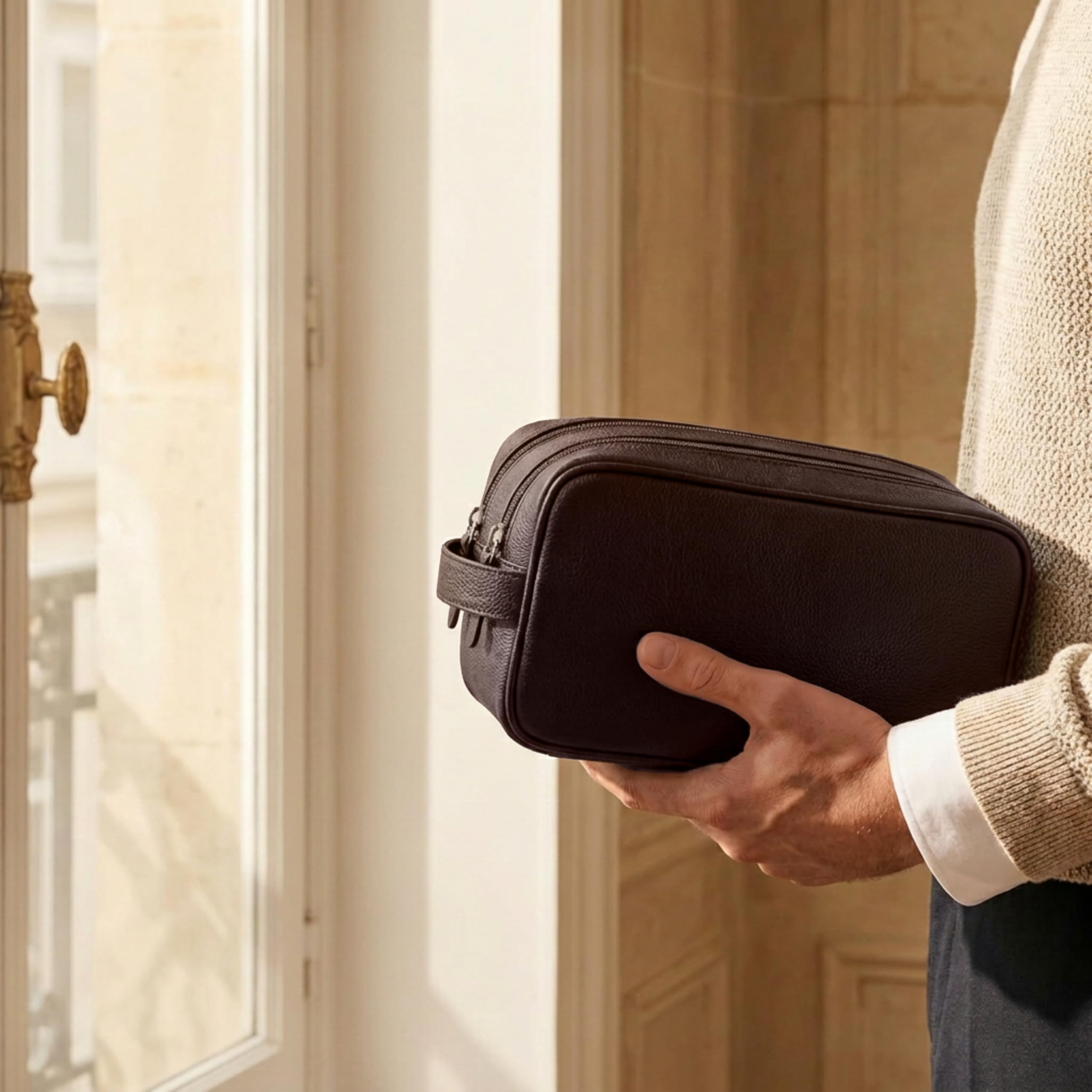 Orneli Neceser de Viaje de Cuero Vacuno de Plena Flor - Doble Compartimento - Neceser de Viaje para Hombre y Mujer - Diseño Parisino - Cuero Auténtico