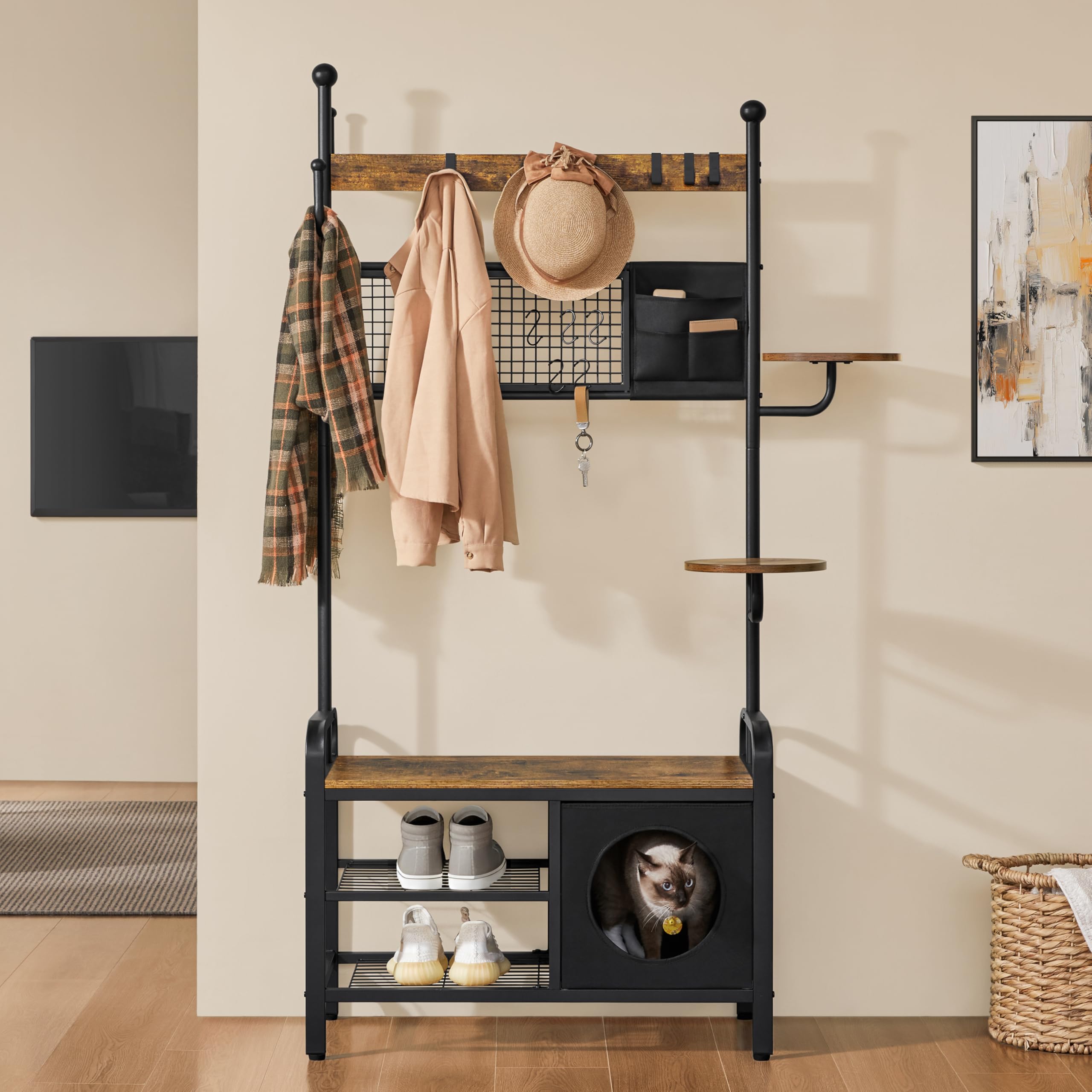 Yaheetech Porte-manteau avec Étagère à Chaussures, Meuble d’Entrée avec Banc, Crochets, Étagère et Niche Chat, 109 x 41,5 cm x 183,5 cm, Style Industriel Chat-Humain, pour Entrée, Couloir, Chambre | Meuble d'entrée peu encombrant | Banc à chaussures et cr
