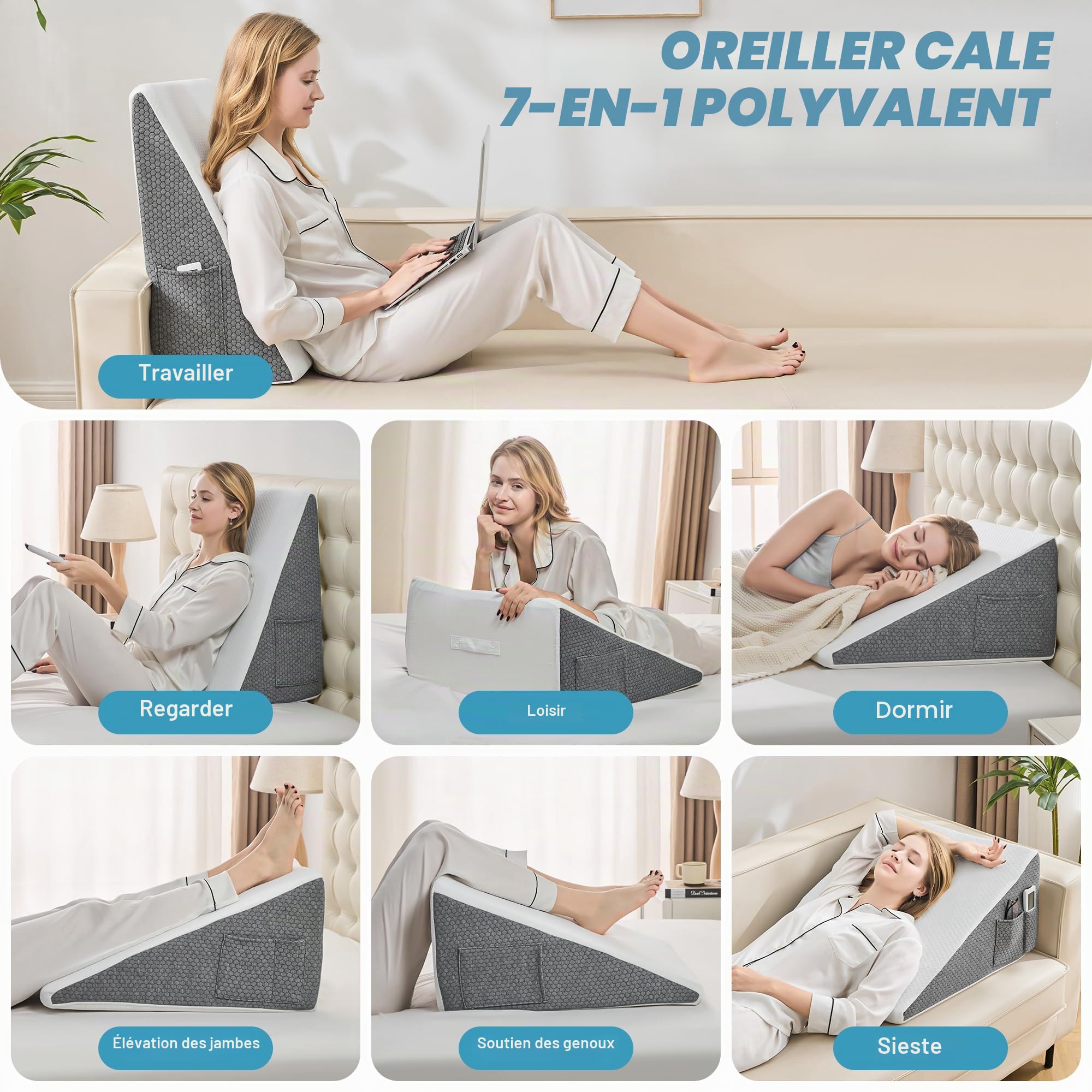 Oreiller de mâchoire pour dormir - Lit de 30,5 cm avec couvre-chef - Oreiller triangulaire - Reflux d'acide à mémoire de forme - RGO - Ronflement - Douleurs dorsales après la chirurgie - Soulèvement