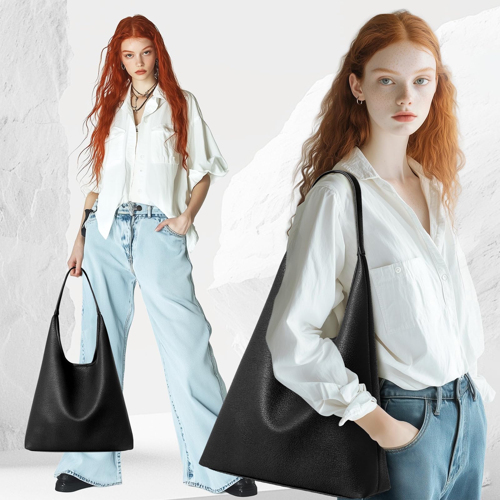 VAYOQON Tote Bag for Women Vegan Leather Soft Designer Slouchy Shoulder Hobo Bag Handbags and Purses for Work School Daily Shopping Sports Traveling, Black