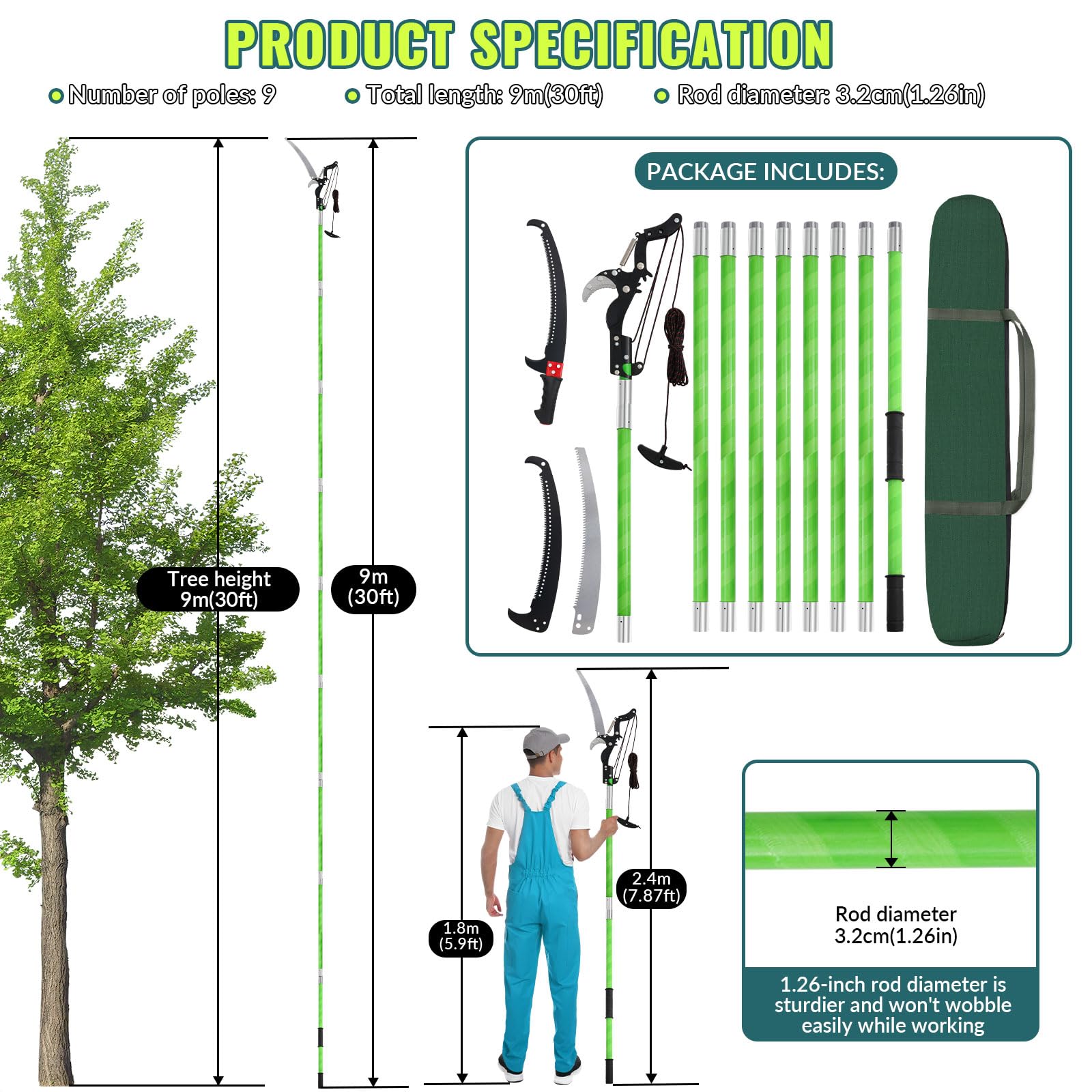 Scie à Élaguer Télescopique, Scie avec Manche Télescopique 9m,Coupe Branche Telescopique,Outils de Jardin pour Palmiers, Arbustes et Grands Arbres